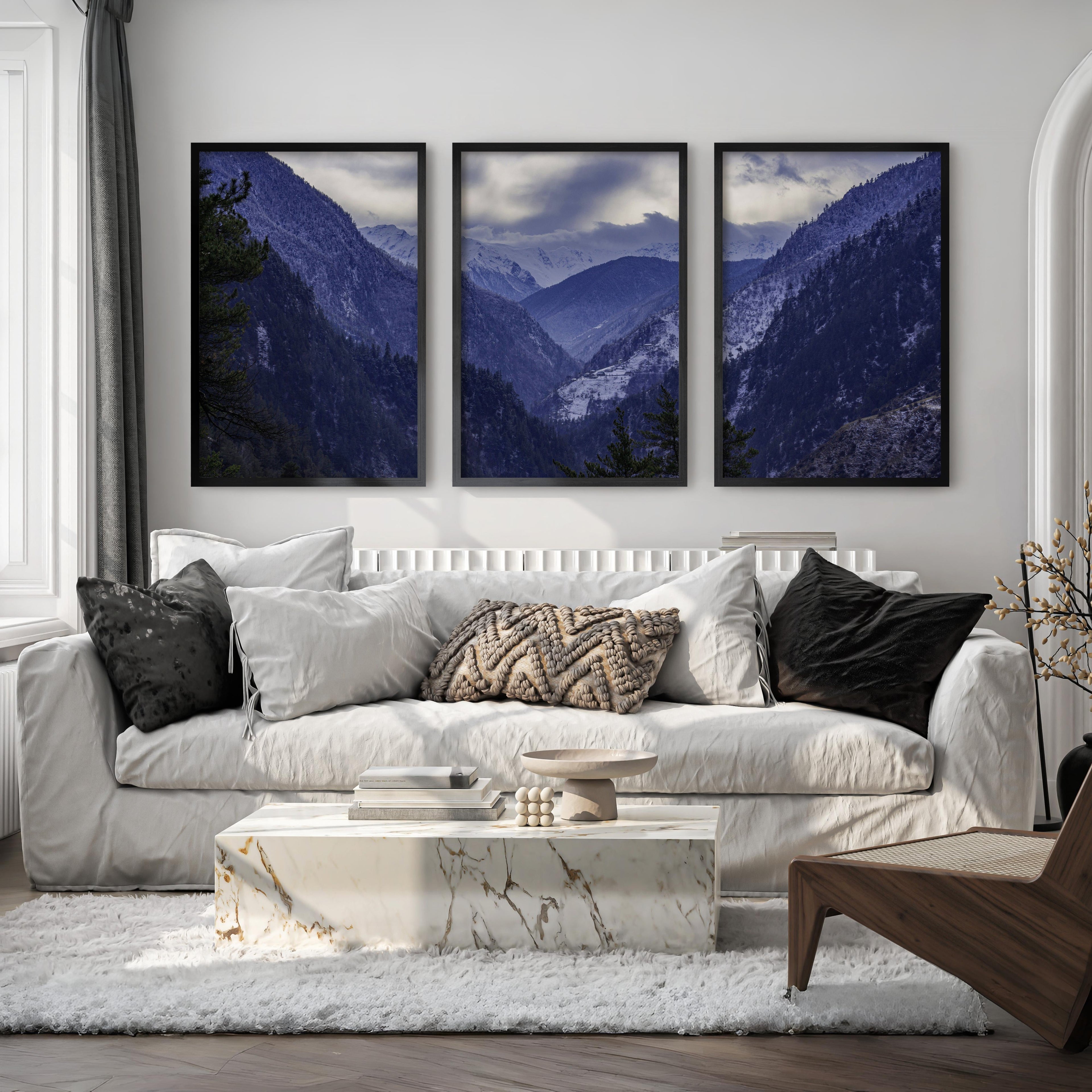 Navy Blue Mountain Forest Triptych. Nordic Landscape Art