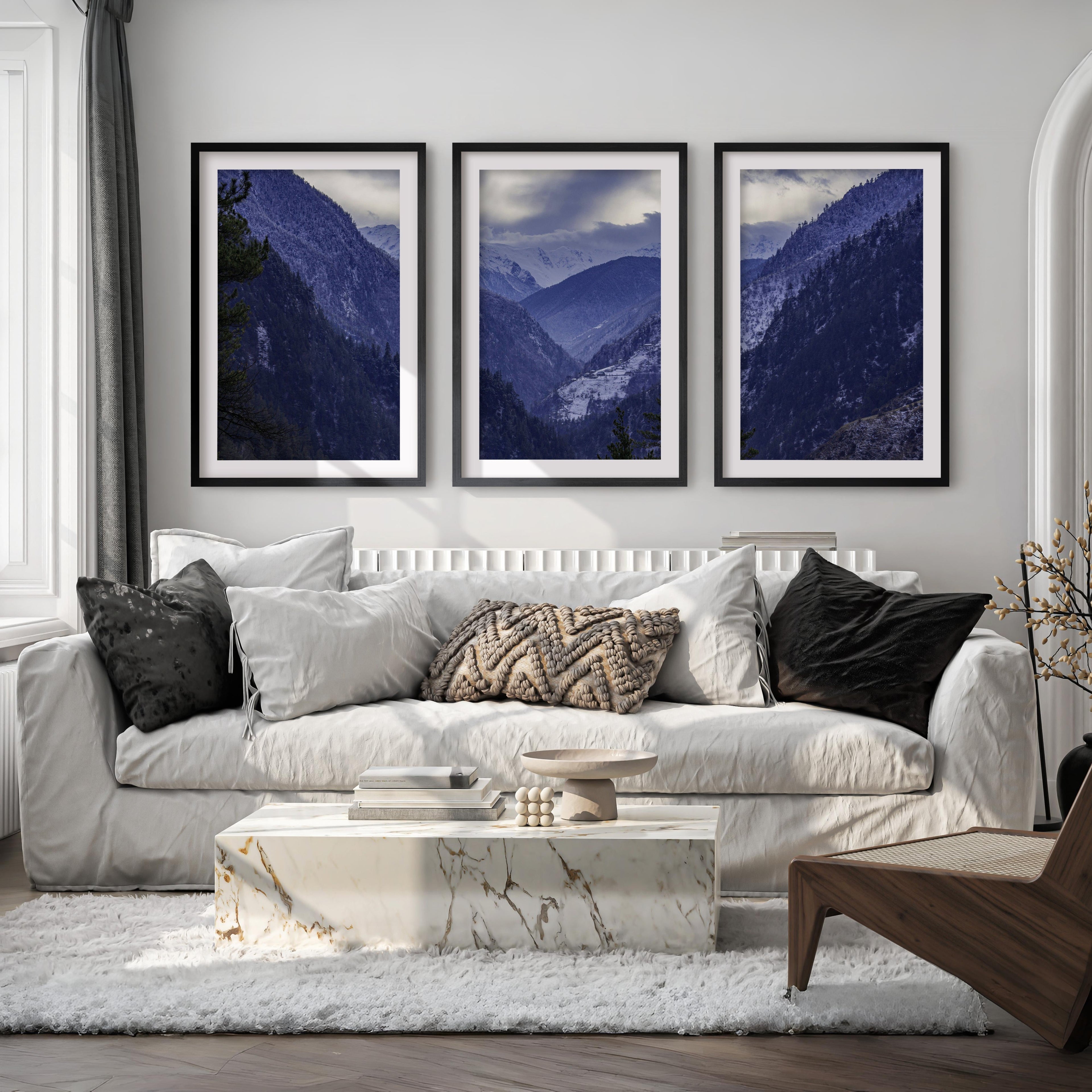 Navy Blue Mountain Forest Triptych. Nordic Landscape Art