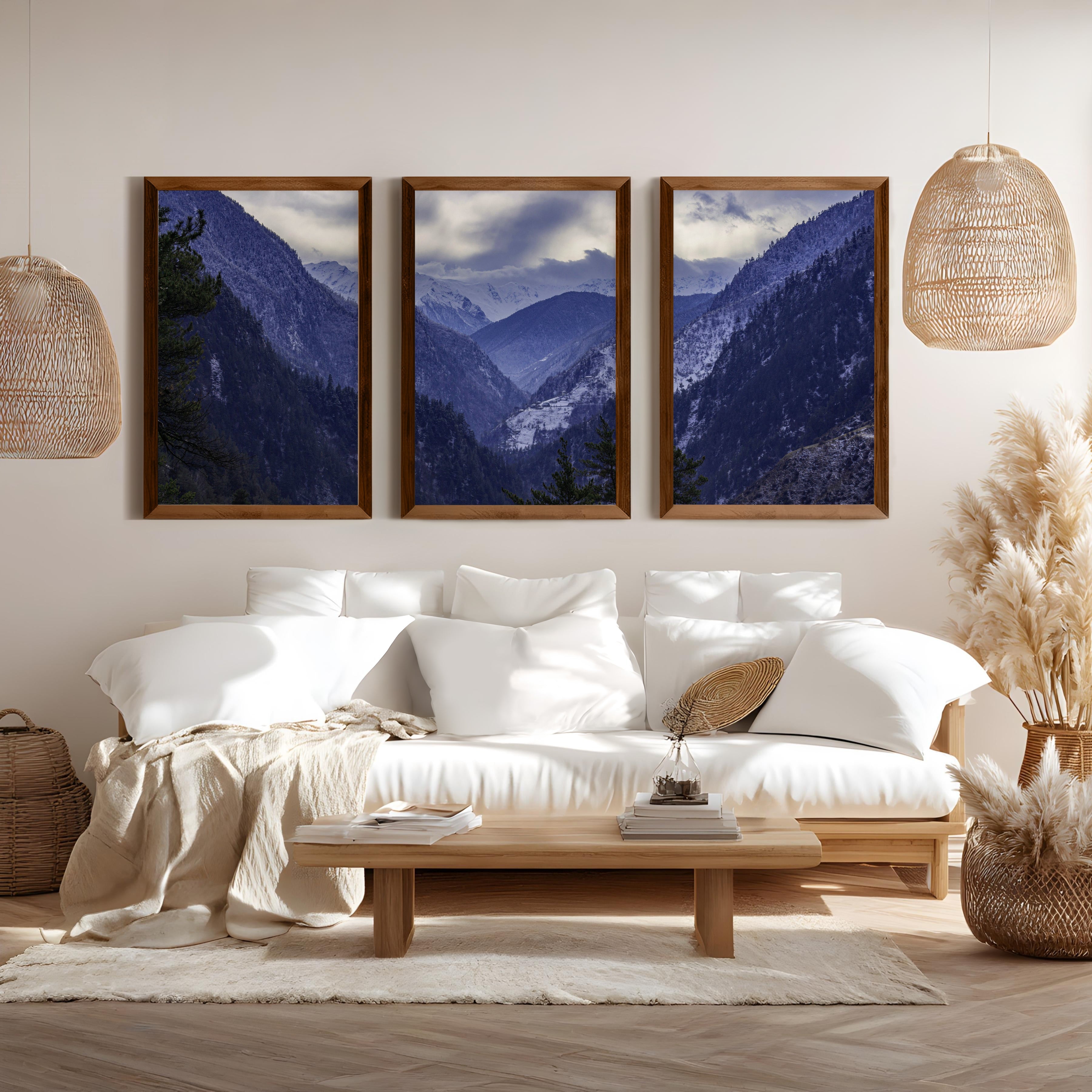 Navy Blue Mountain Forest Triptych. Nordic Landscape Art