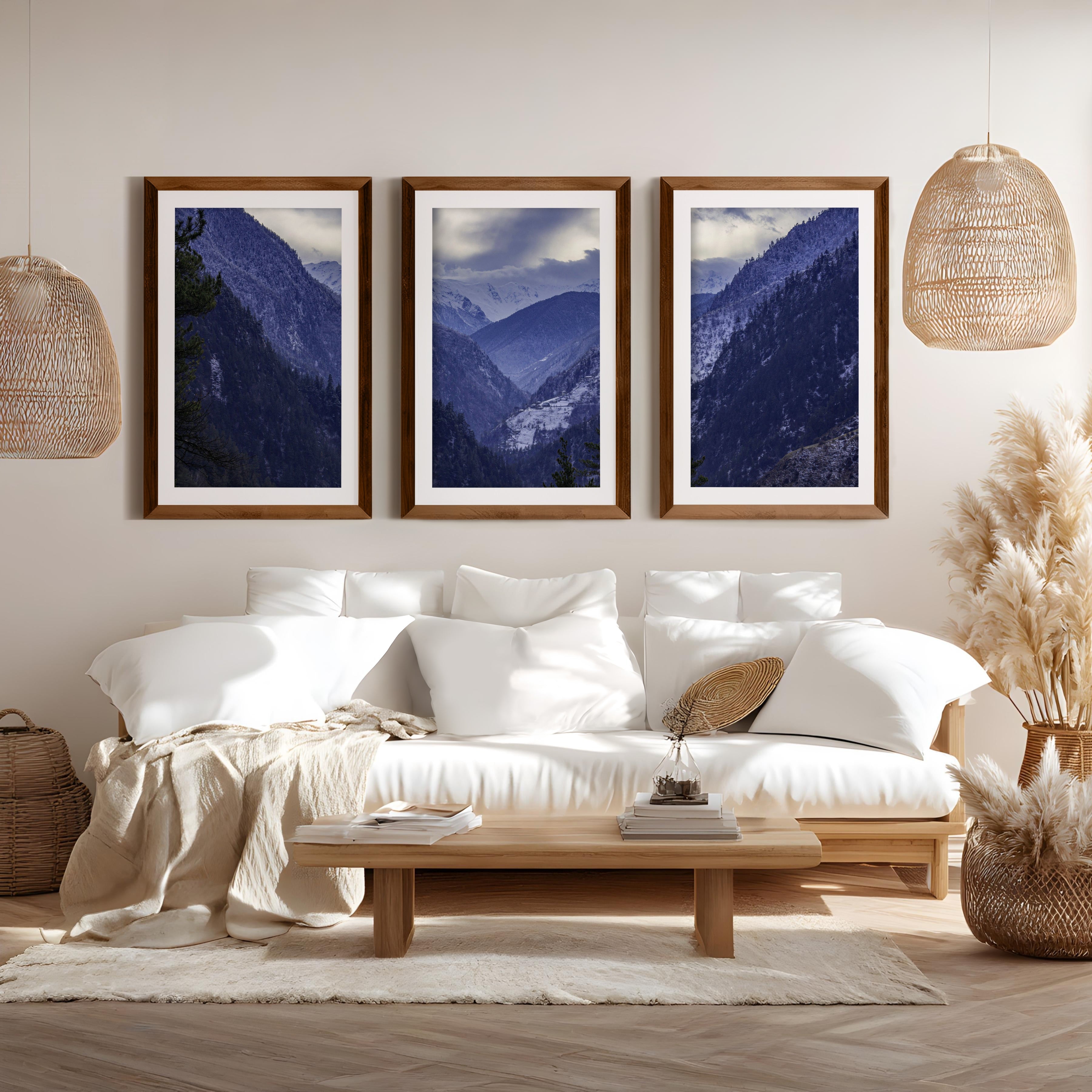Navy Blue Mountain Forest Triptych. Nordic Landscape Art