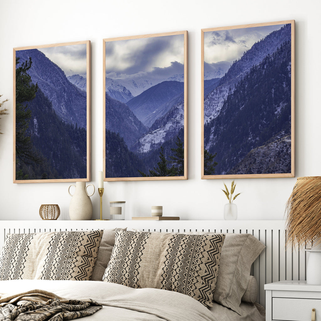 Navy Blue Mountain Forest Triptych. Nordic Landscape Art