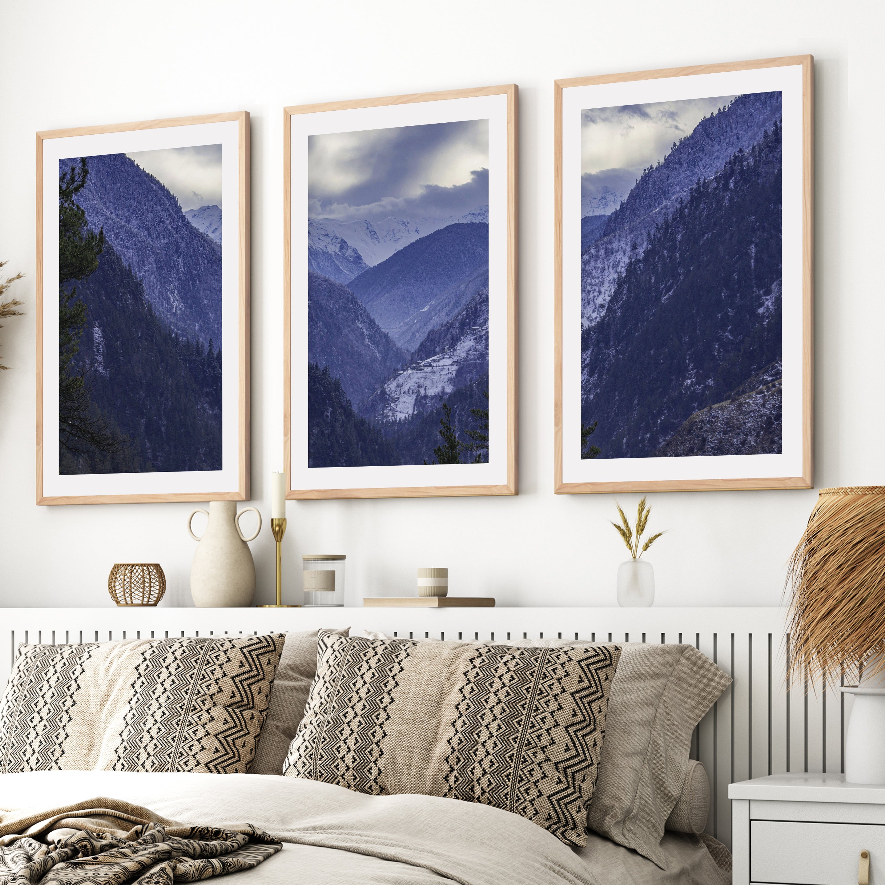 Navy Blue Mountain Forest Triptych. Nordic Landscape Art