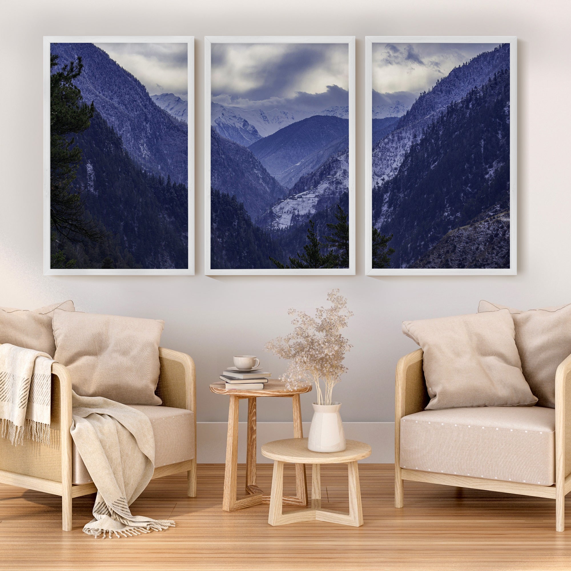 Navy Blue Mountain Forest Triptych. Nordic Landscape Art
