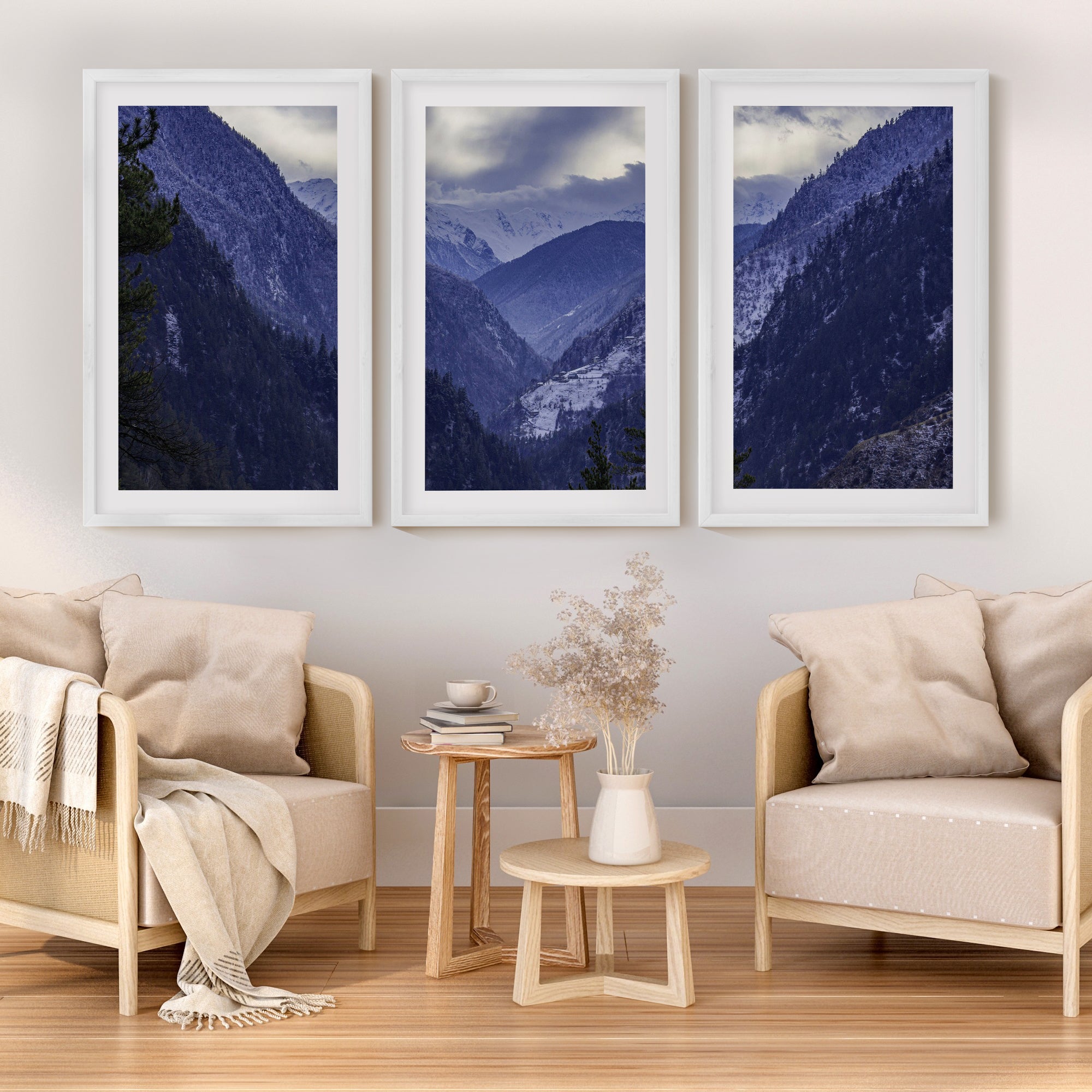 Navy Blue Mountain Forest Triptych. Nordic Landscape Art