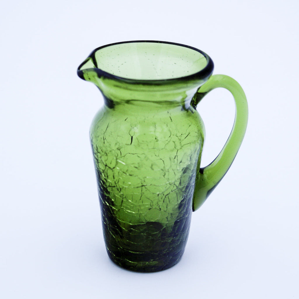 Pilgrim Olive Green Crackle Miniature Pitcher — Hand‑Blown, 4"