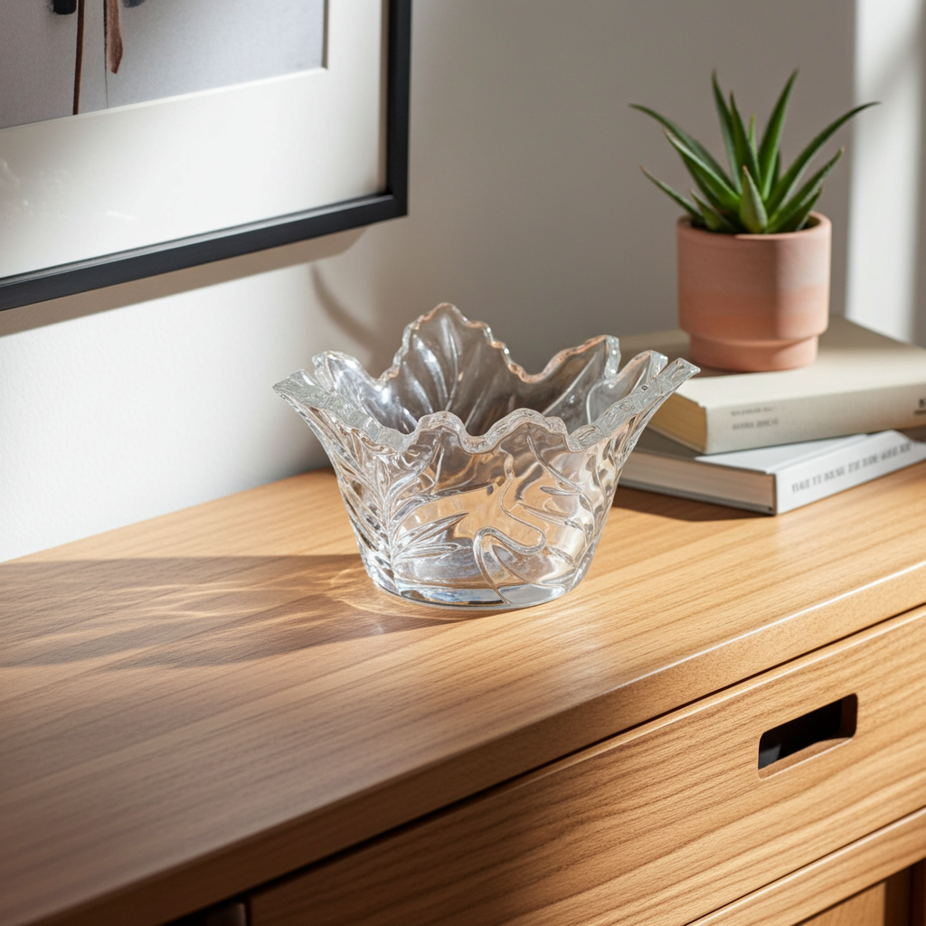 Maple Leaf Lead Crystal Bowl - Scalloped Ruffled Rim