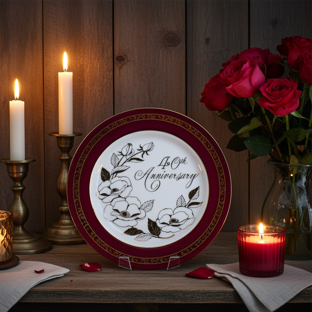 Porcelain 40th Anniversary Commemorative Plate — Ruby Border & Gold Roses