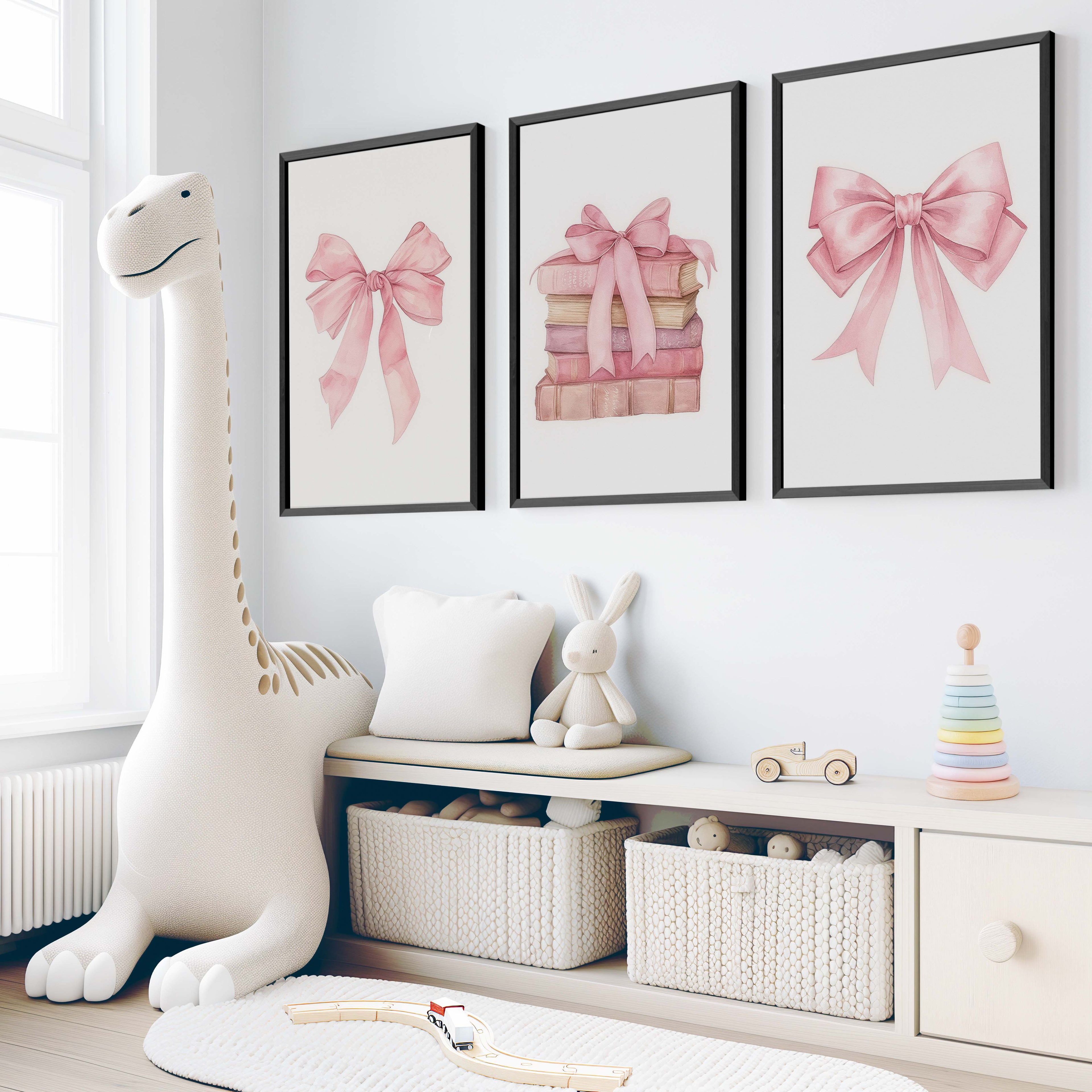 Pink Nursery Art – Bows & Books Watercolor Set (3 Prints)