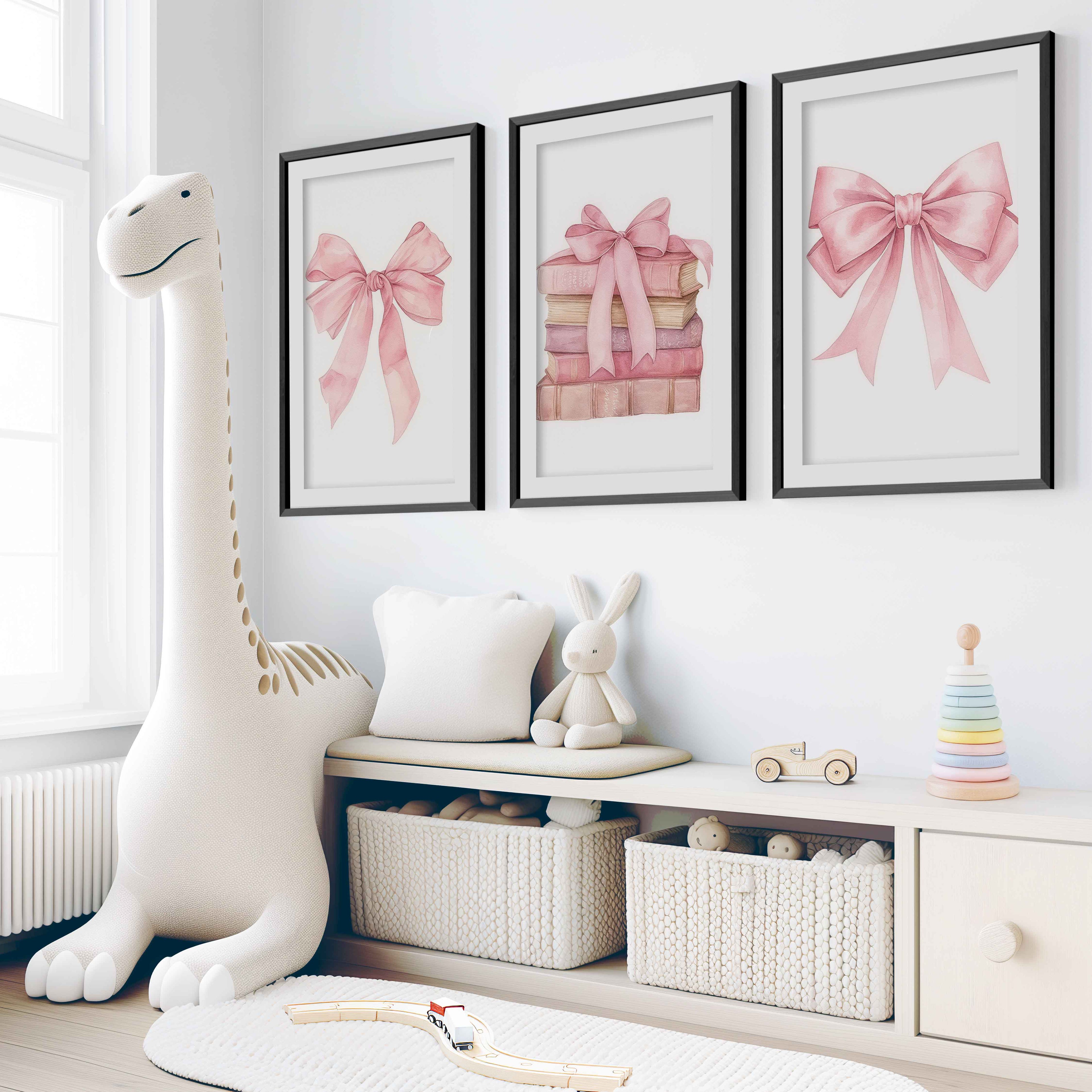 Pink Nursery Art – Bows & Books Watercolor Set (3 Prints)