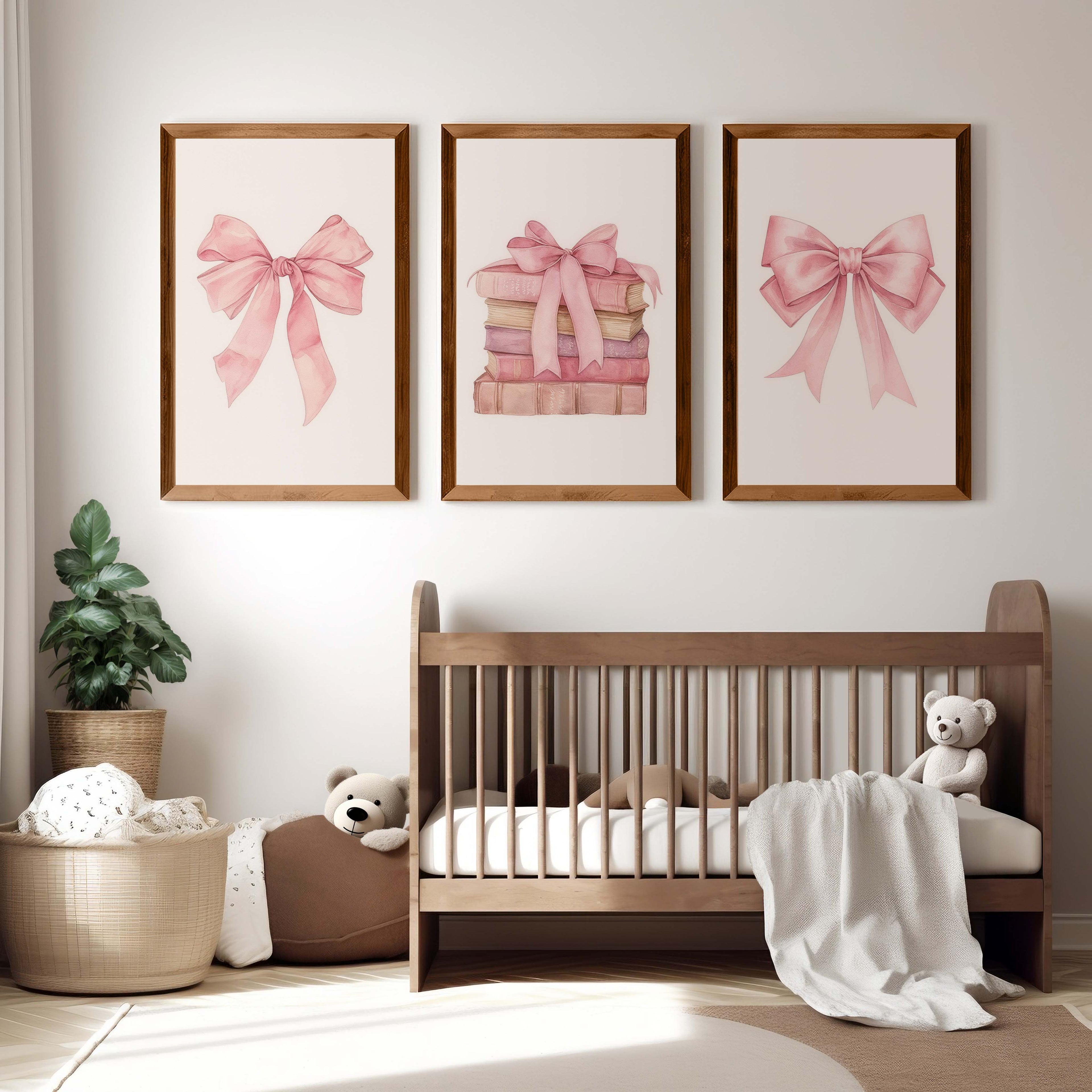 Pink Nursery Art – Bows & Books Watercolor Set (3 Prints)
