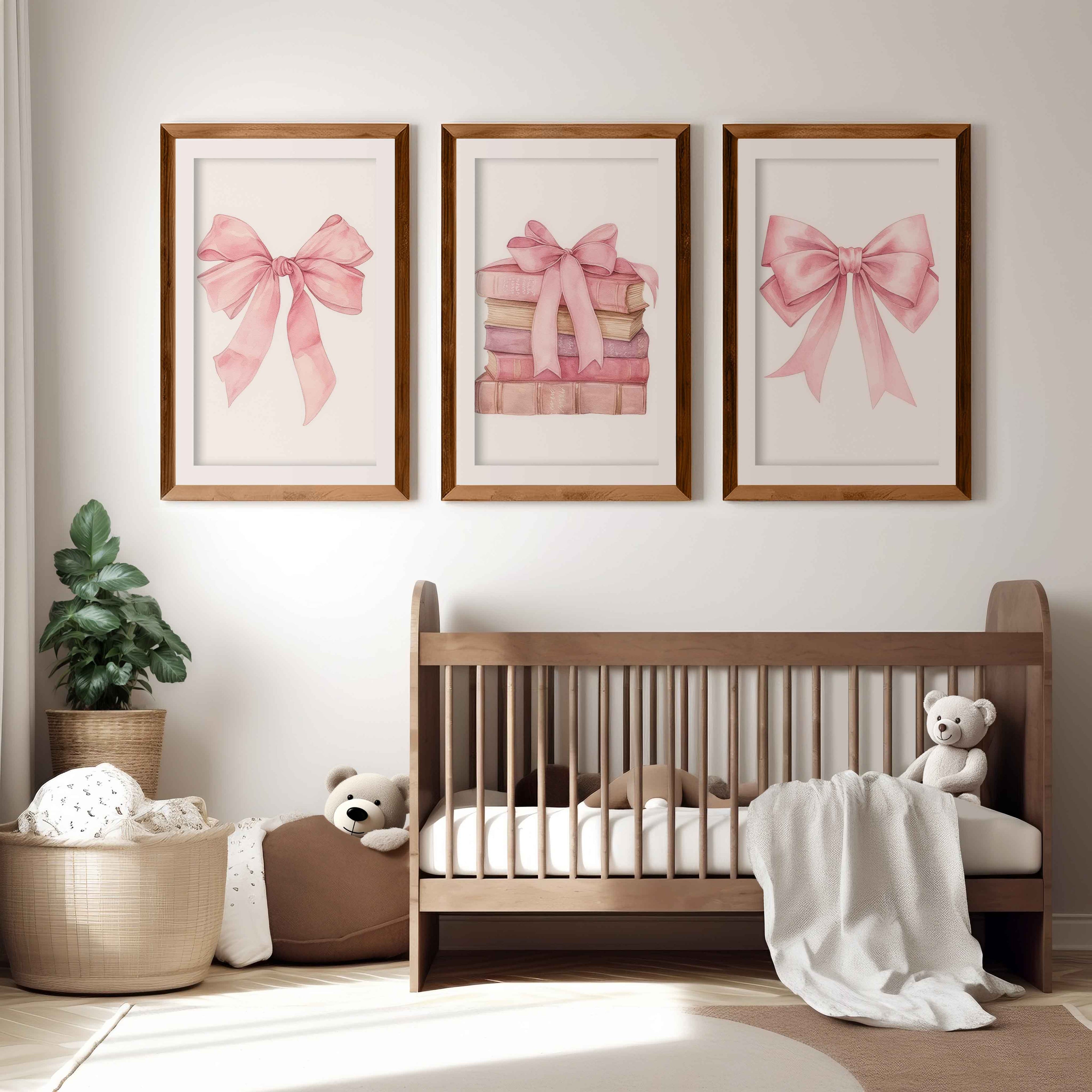Pink Nursery Art – Bows & Books Watercolor Set (3 Prints)