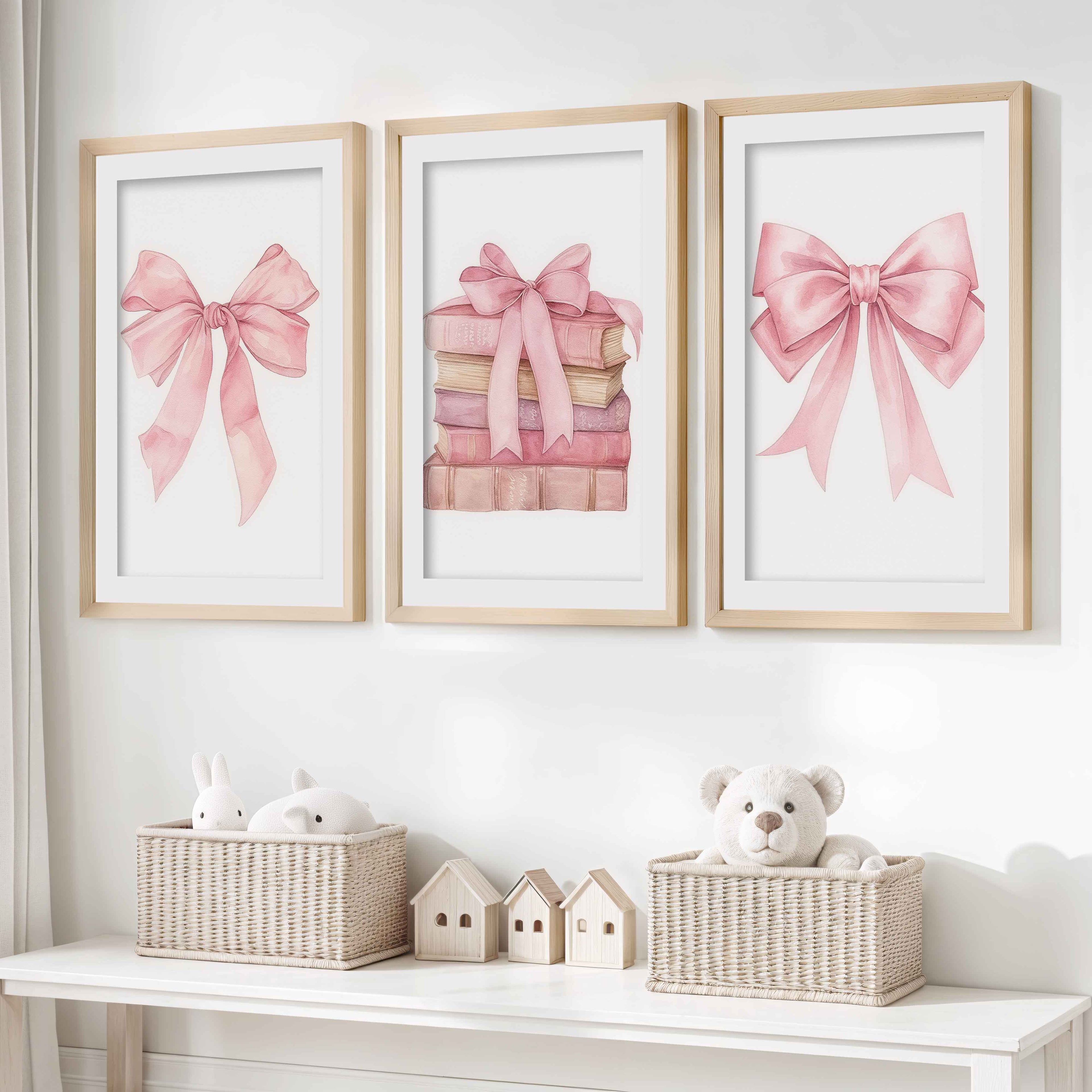 Pink Nursery Art – Bows & Books Watercolor Set (3 Prints)
