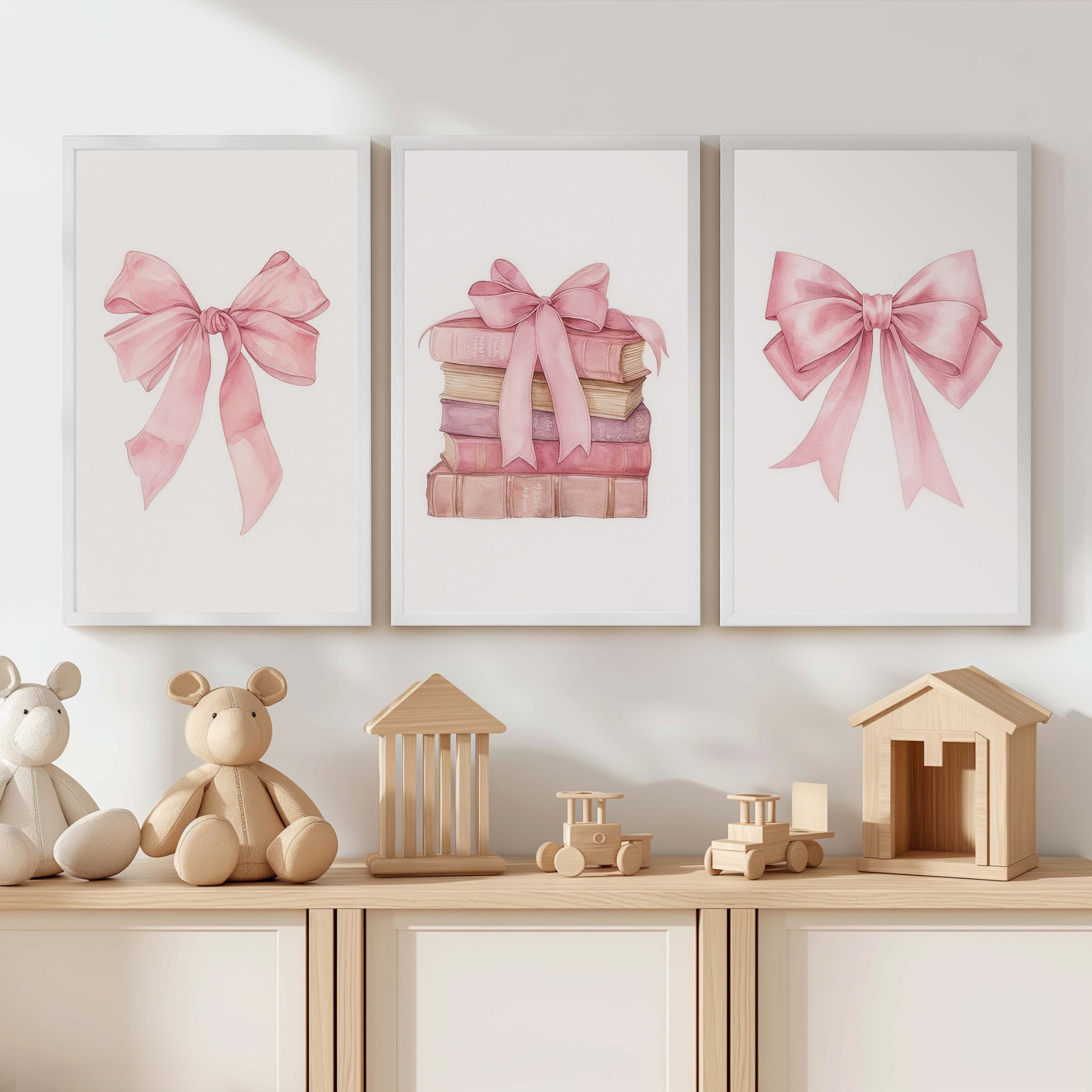 Pink Nursery Art – Bows & Books Watercolor Set (3 Prints)