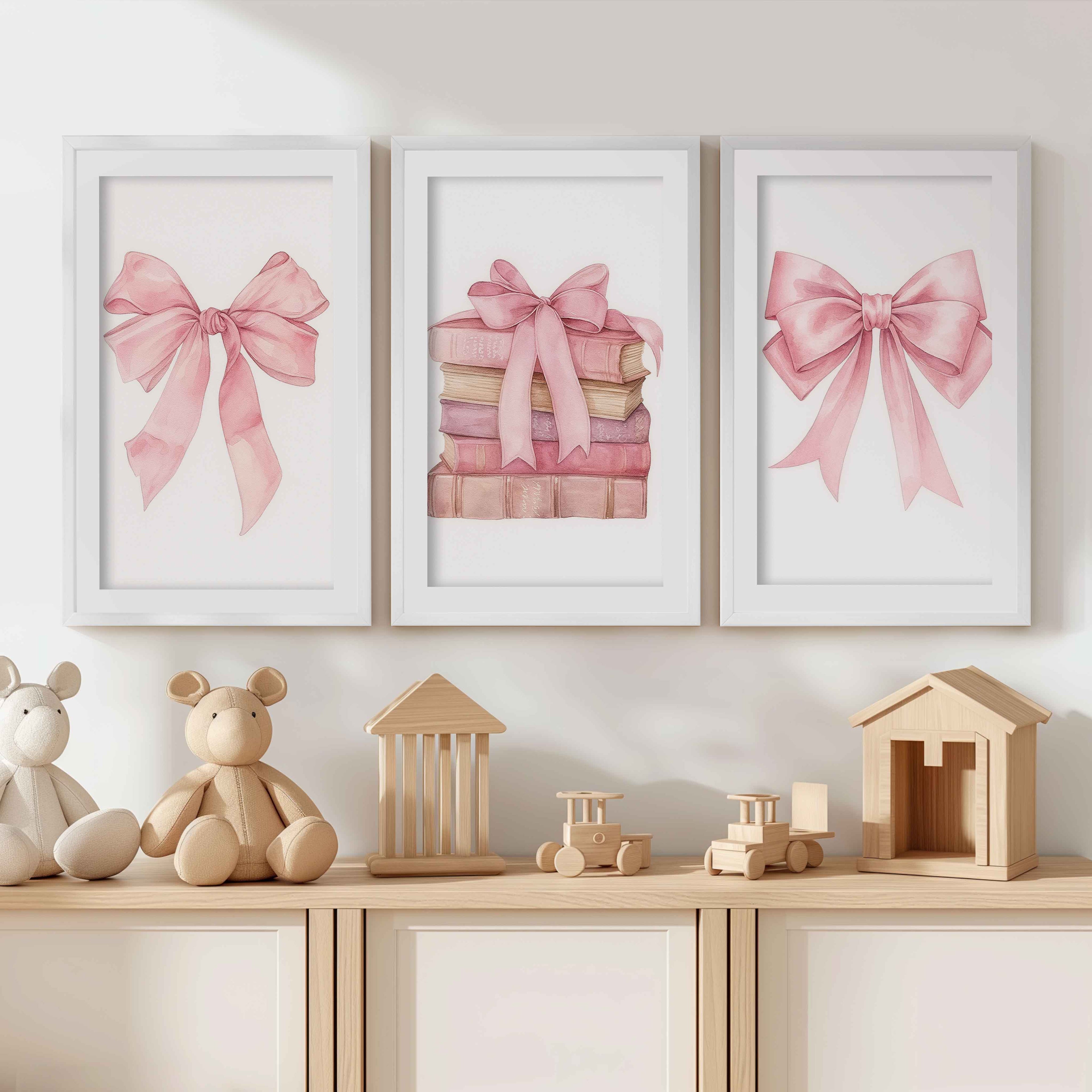 Pink Nursery Art – Bows & Books Watercolor Set (3 Prints)
