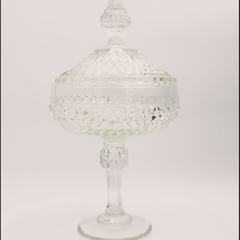 Indiana Glass Diamond Point Lidded Pedestal Dish — Clear Glass