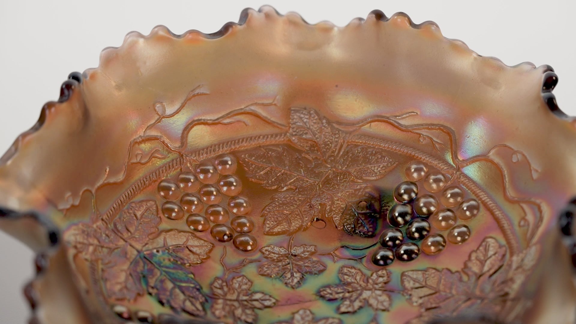 Fenton Amethyst Grape and Cable Ruffled Footed Bowl – Carnival Glass