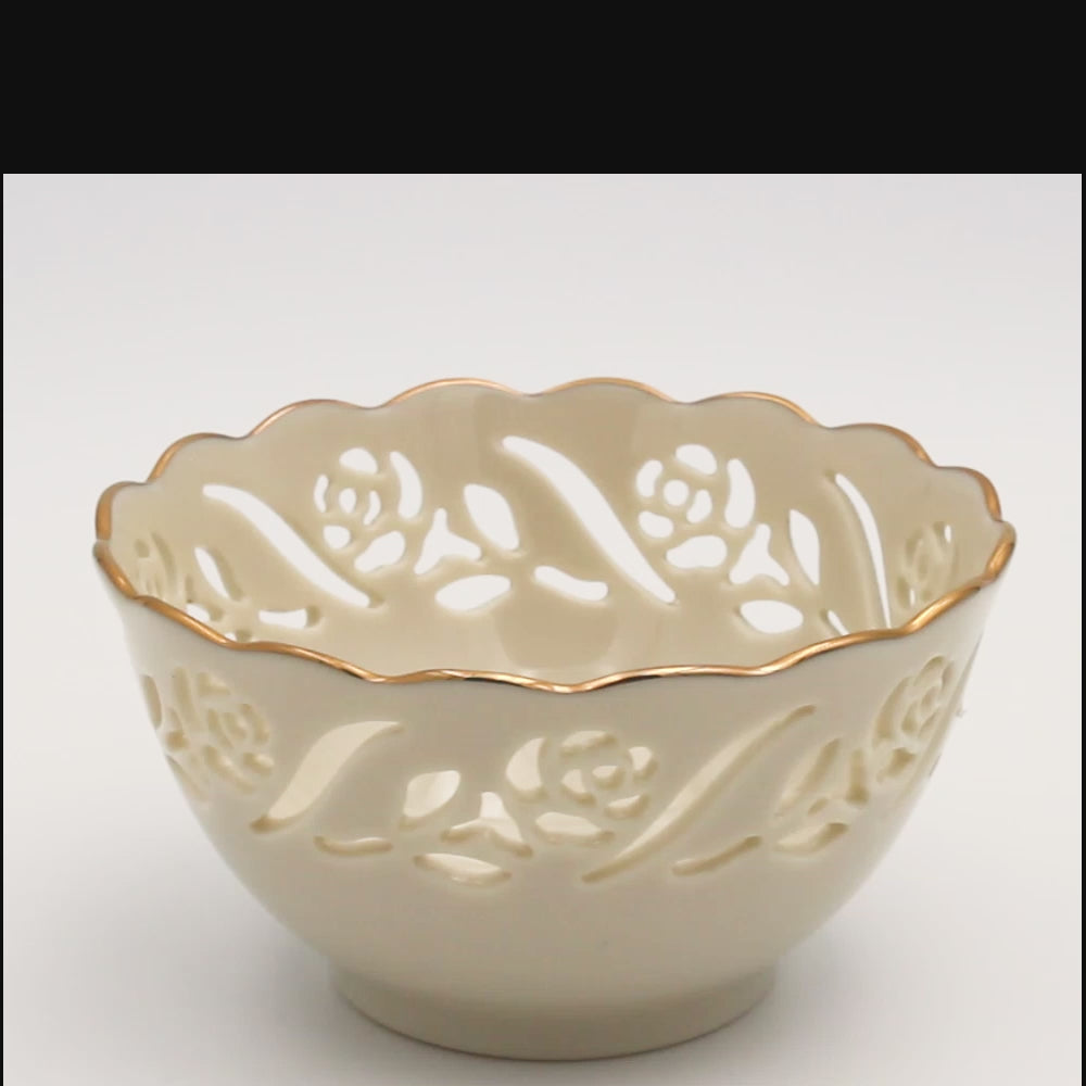 Lenox Porcelain Rosebud Pierced Bowl with 24k Gold Trim 4.25"