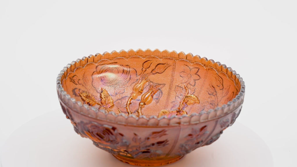 Imperial Marigold Open Rose Carnival Glass Bowl – Sawtooth Rim Design
