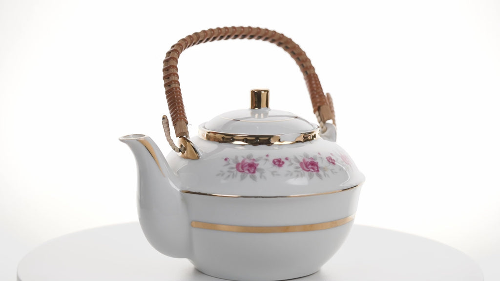 Japanese Nasco Fine China Rose Pattern Teapot with Rattan Handle
