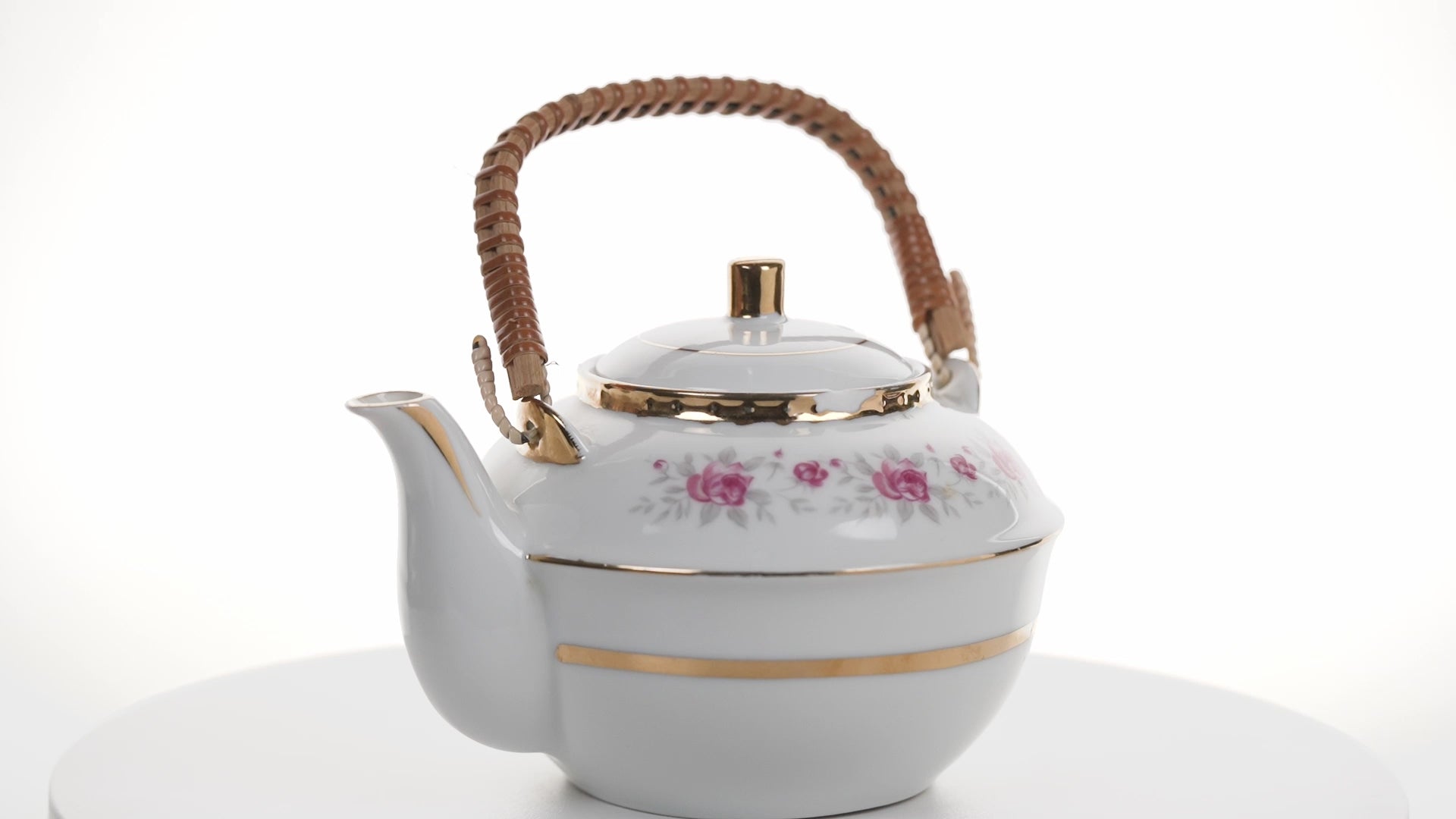 Japanese Nasco Fine China Rose Pattern Teapot with Rattan Handle