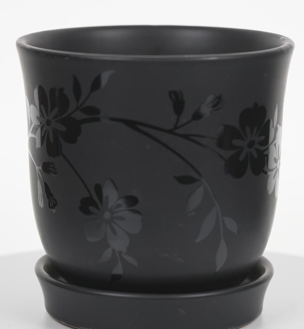 New England Pottery Black Clay Planter – Matte Floral Rose Pot