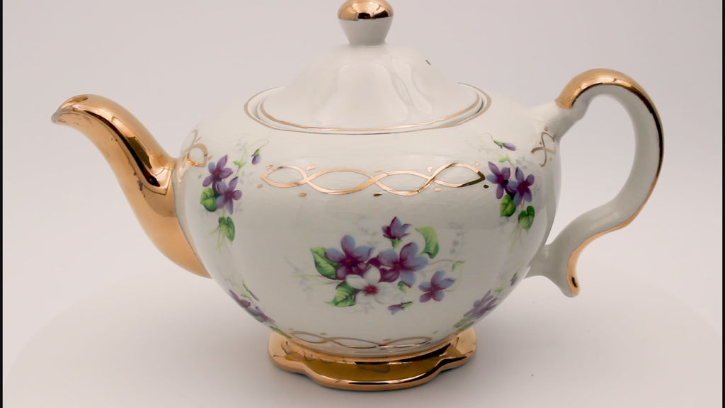 Théière en porcelaine Ellgreave Staffordshire, motif violet, 15 cm, glaçure blanche