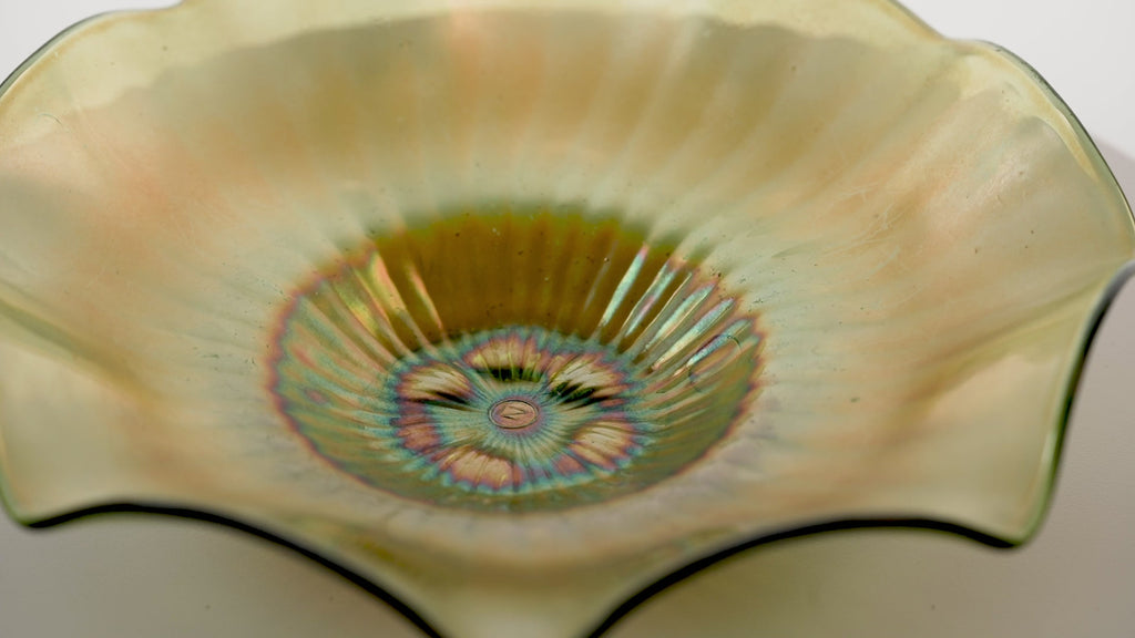 Northwood Green Opalescent Stippled Rays Ruffled Bowl – Carnival Glass