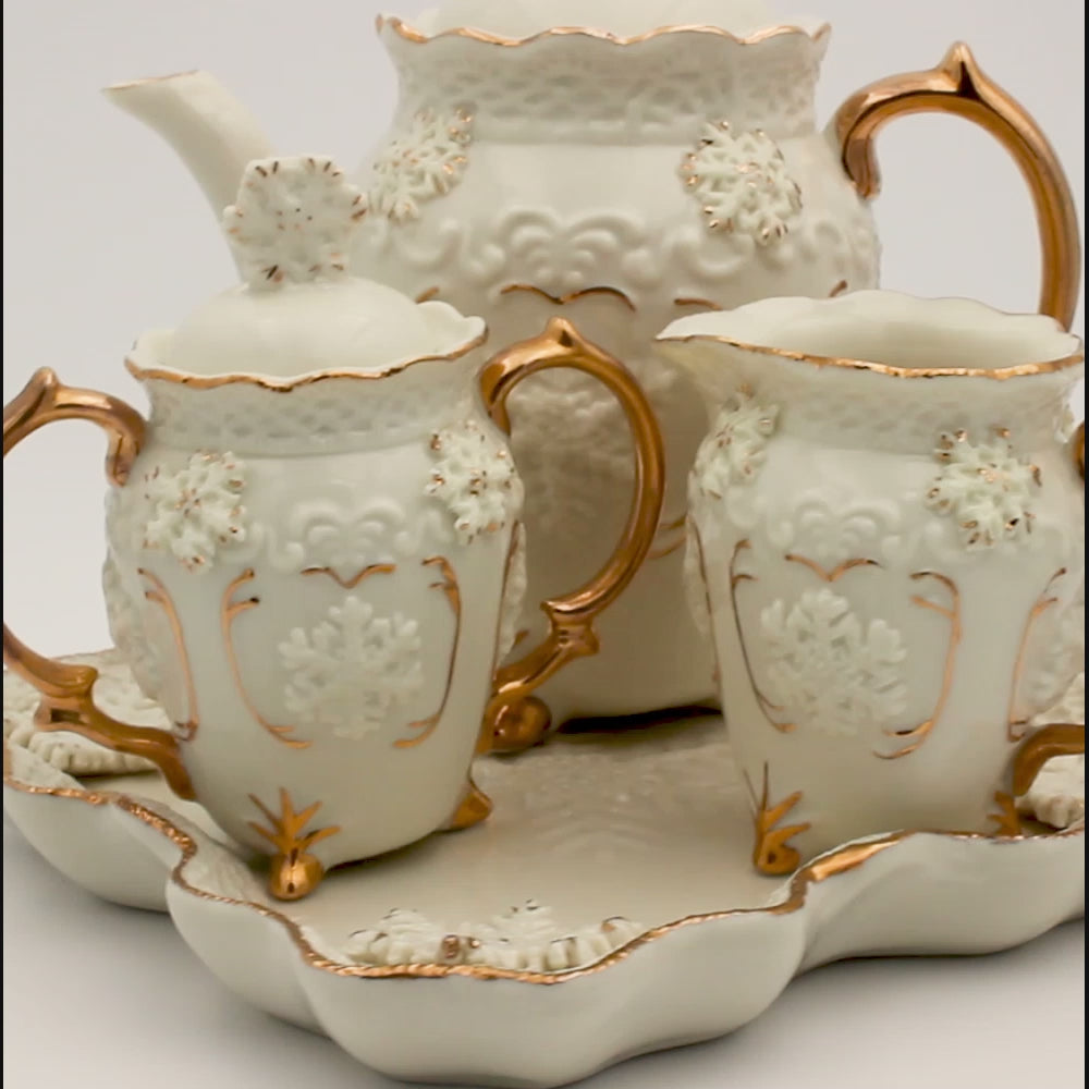 Hand‑Painted Teapot Set with Tray, Creamer & Sugar Bowl