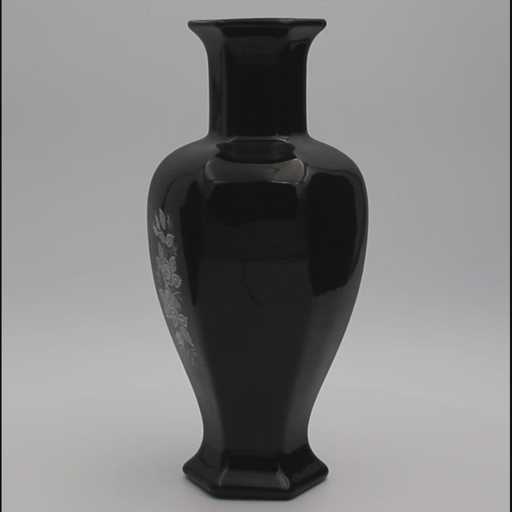 Black Amethyst Glass Vase with Enamel & Mother of Pearl Inlay — 7.75"
