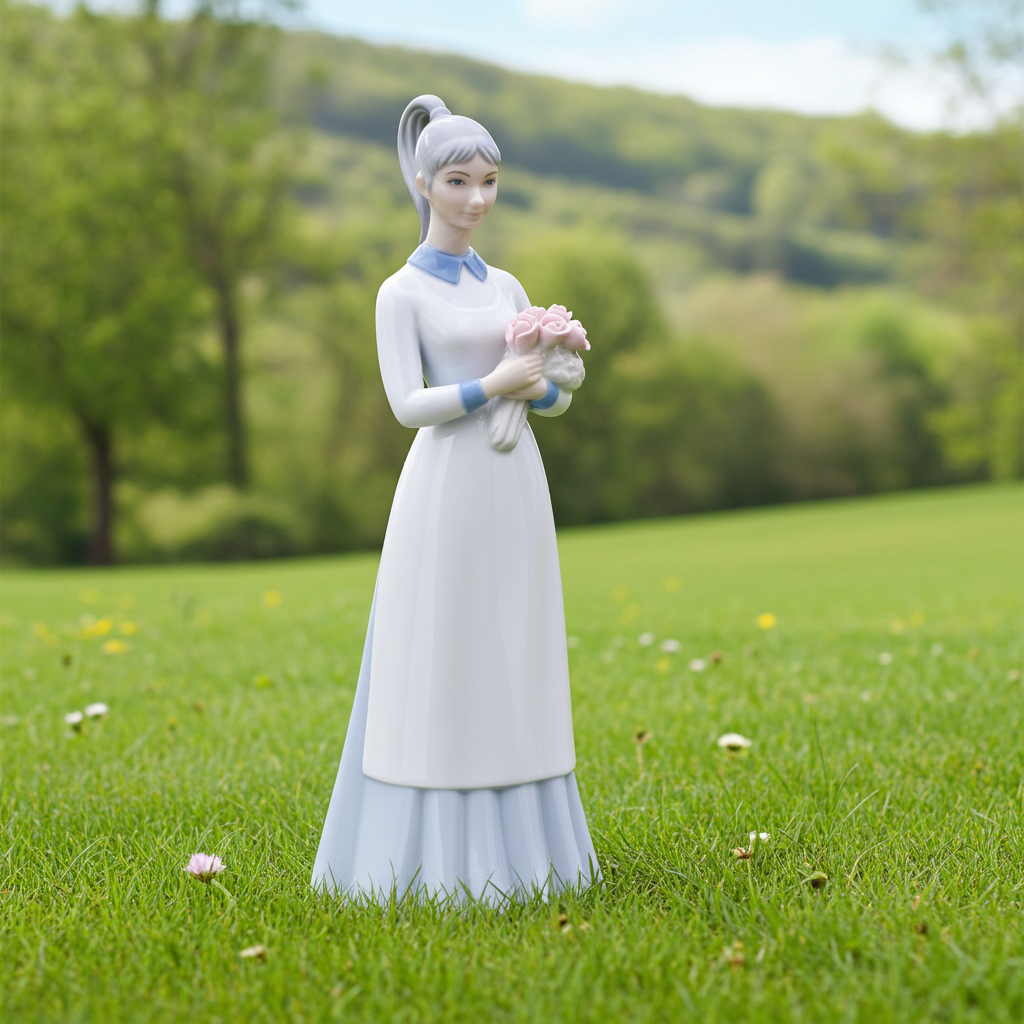 Springtime Serenity – Lladró-Style Porcelain Girl Holding Flowers