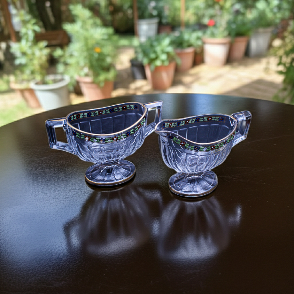 Art Deco Heisey Painted Flower Sugar Bowl & Creamer Set Vintage