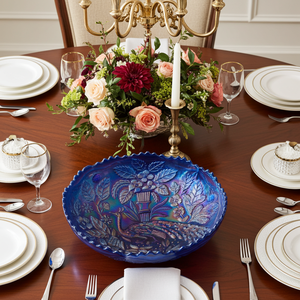 Fenton Blue Iridescent Peacock & Urn Carnival Glass Bowl