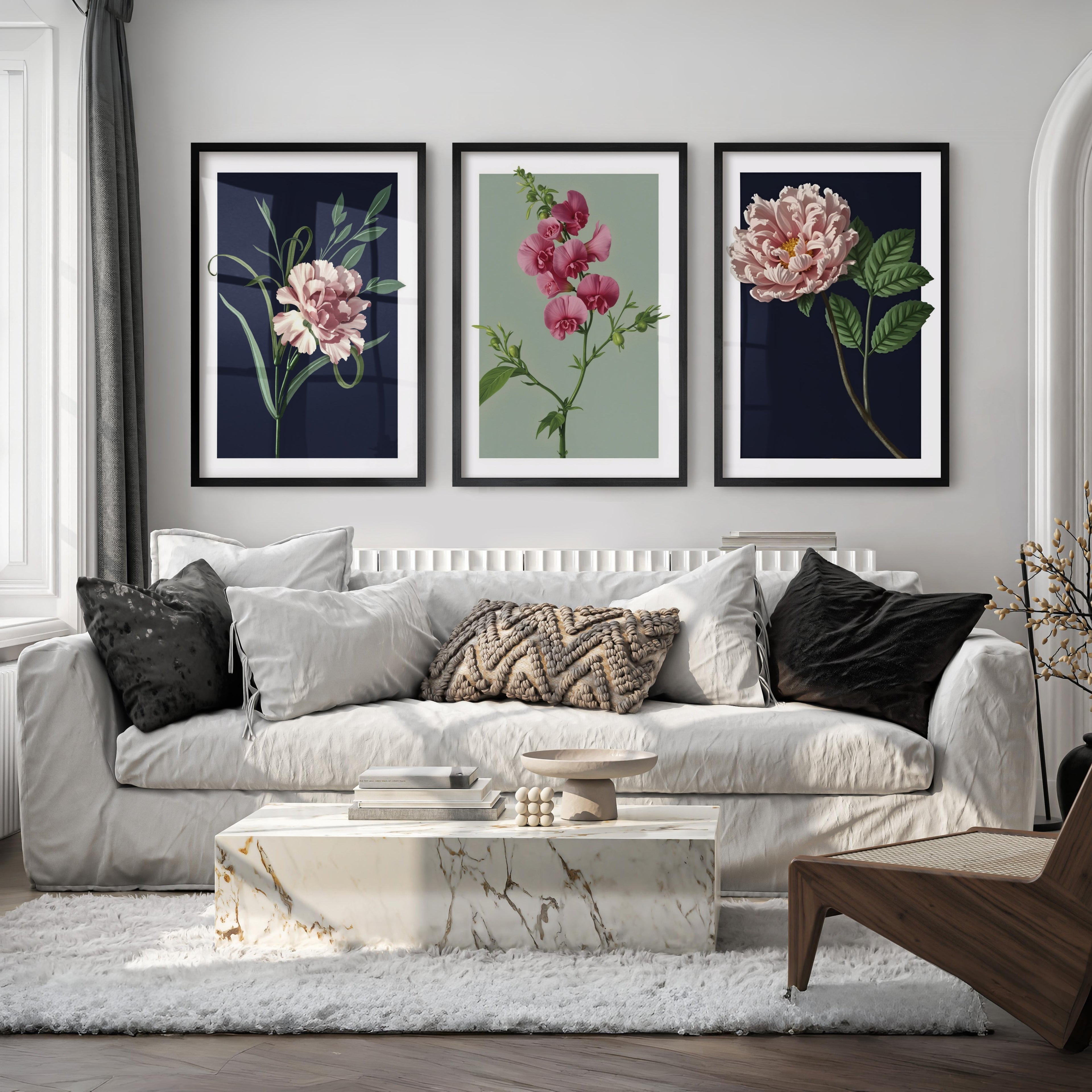 Retro Botanical Prints Pink Flower Art Set of 3