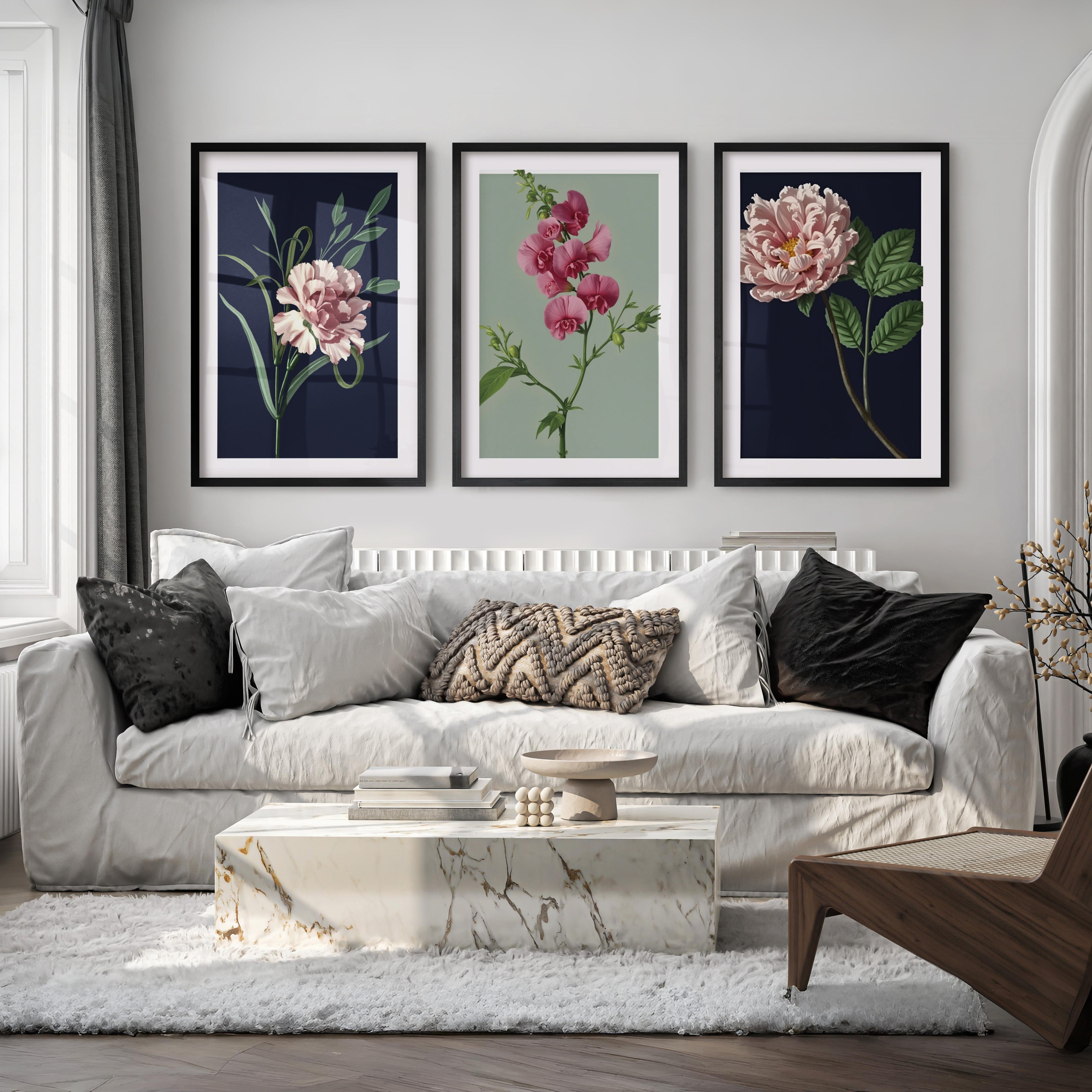 Retro Botanical Prints Pink Flower Art Set of 3