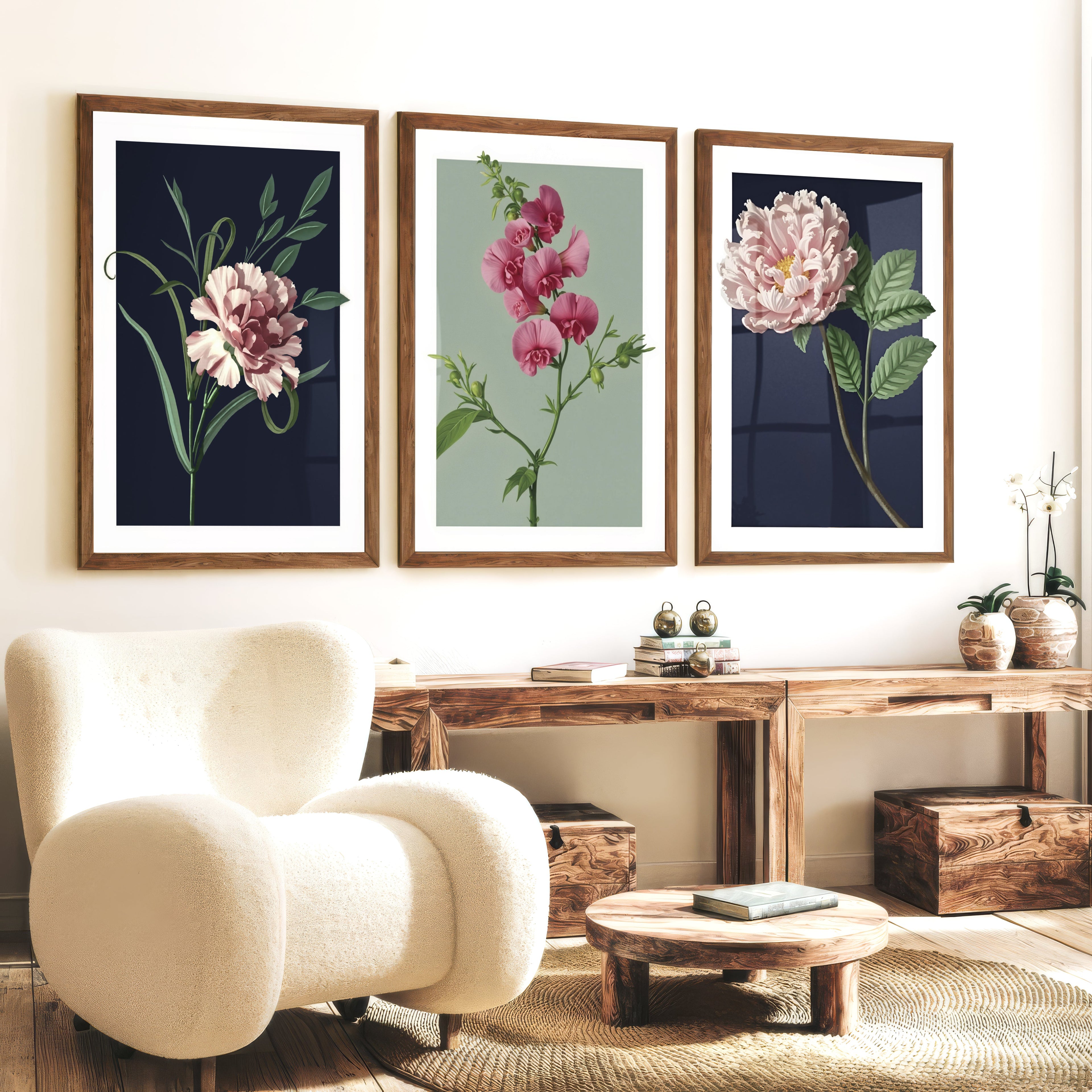 Retro Botanical Prints Pink Flower Art Set of 3