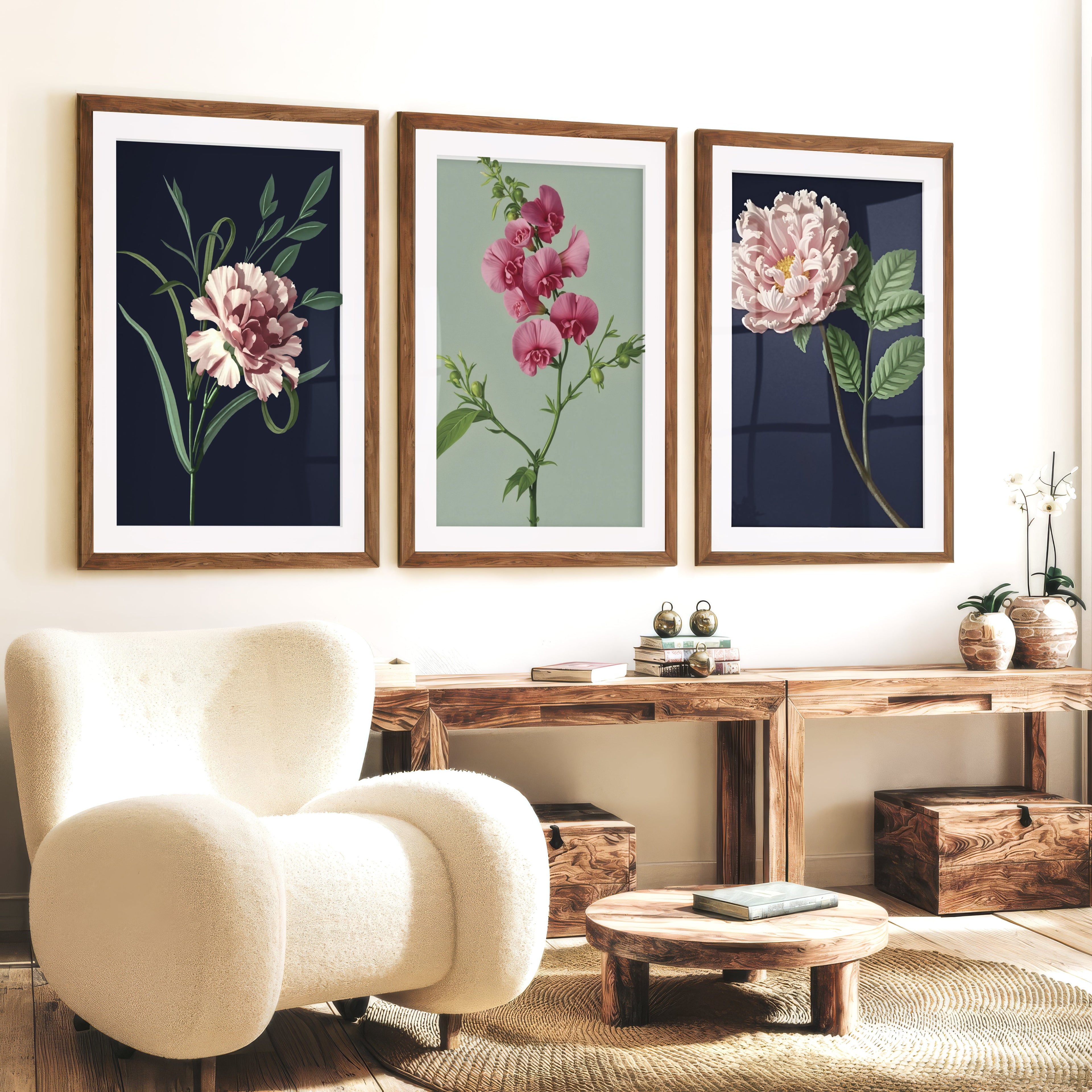 Retro Botanical Prints Pink Flower Art Set of 3