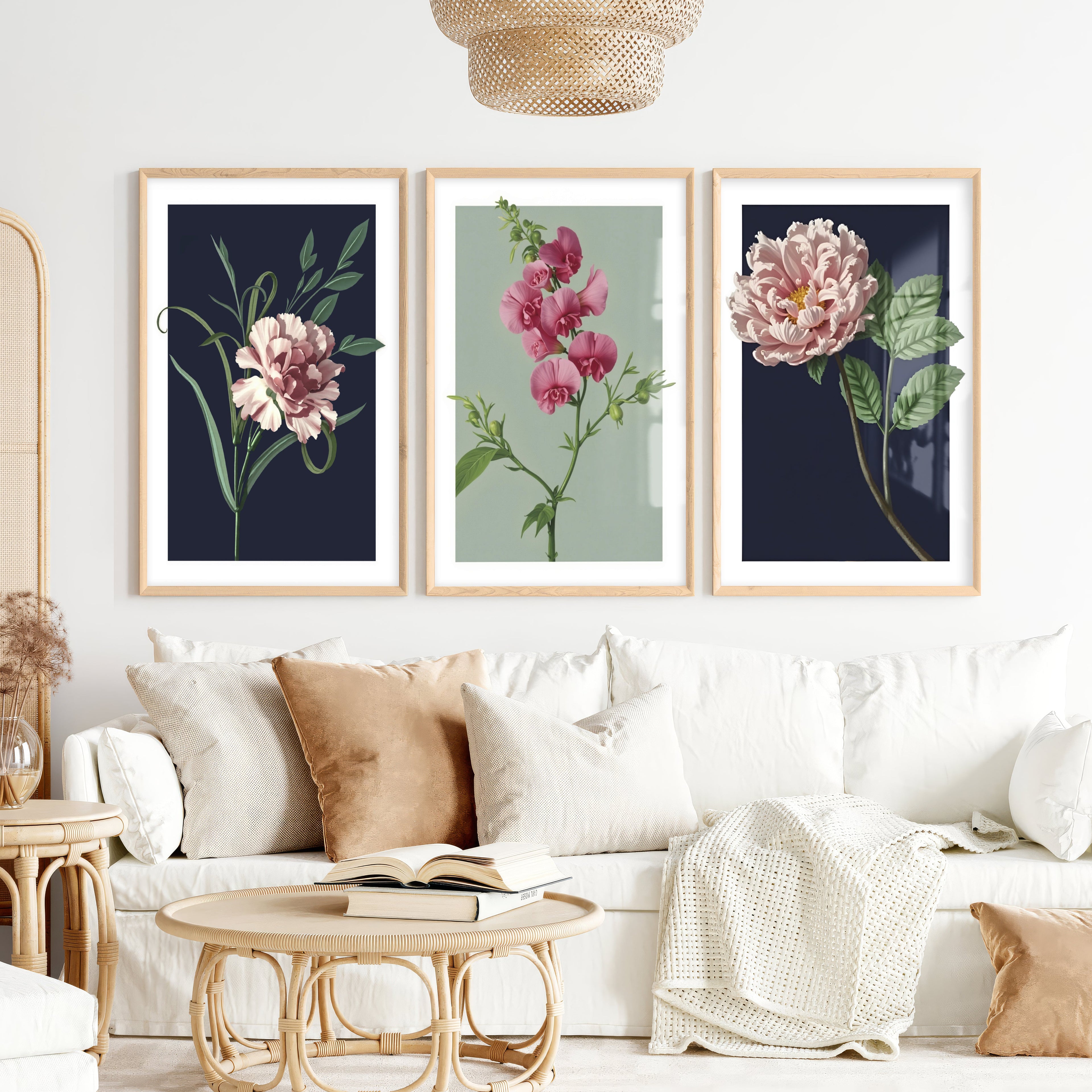 Retro Botanical Prints Pink Flower Art Set of 3