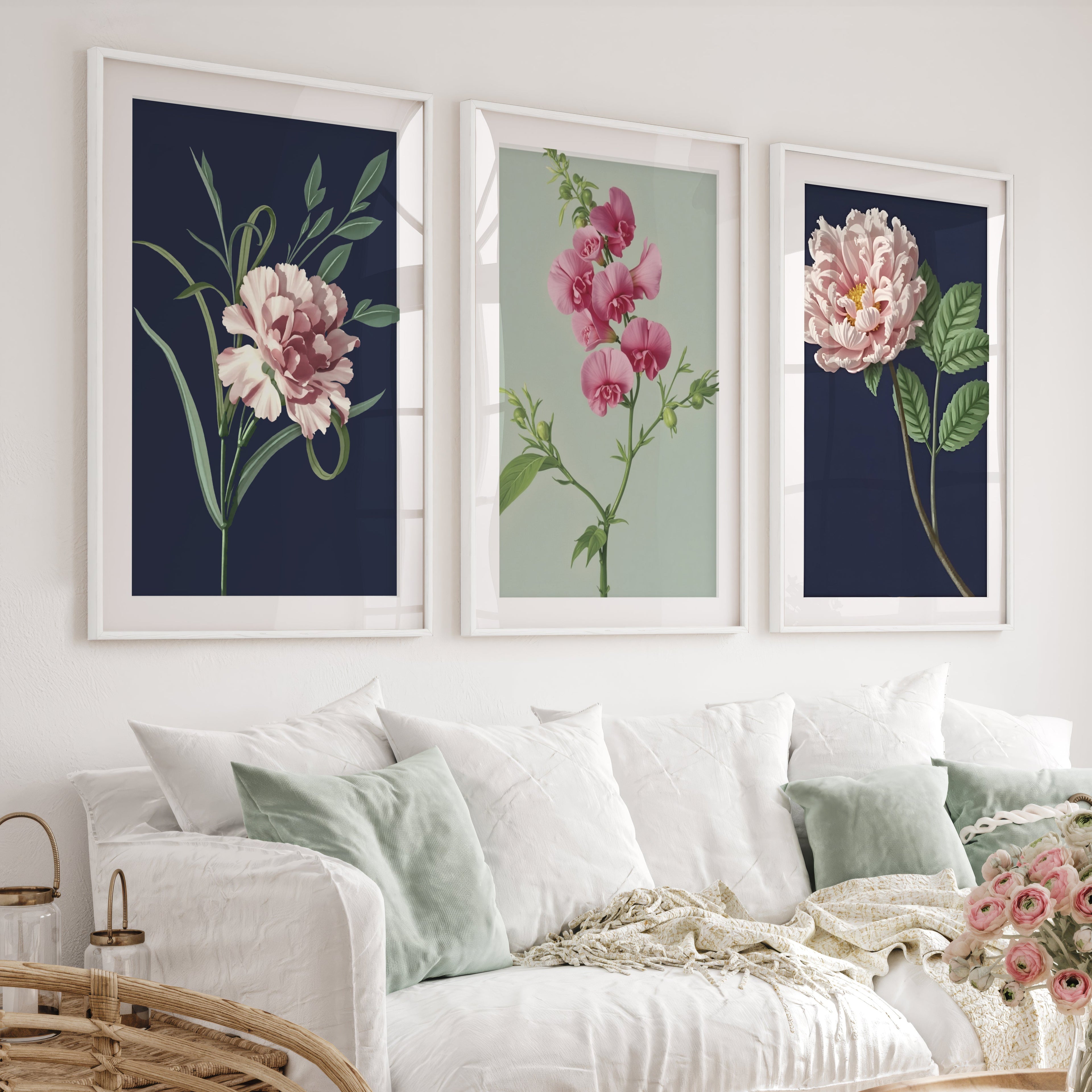 Retro Botanical Prints Pink Flower Art Set of 3