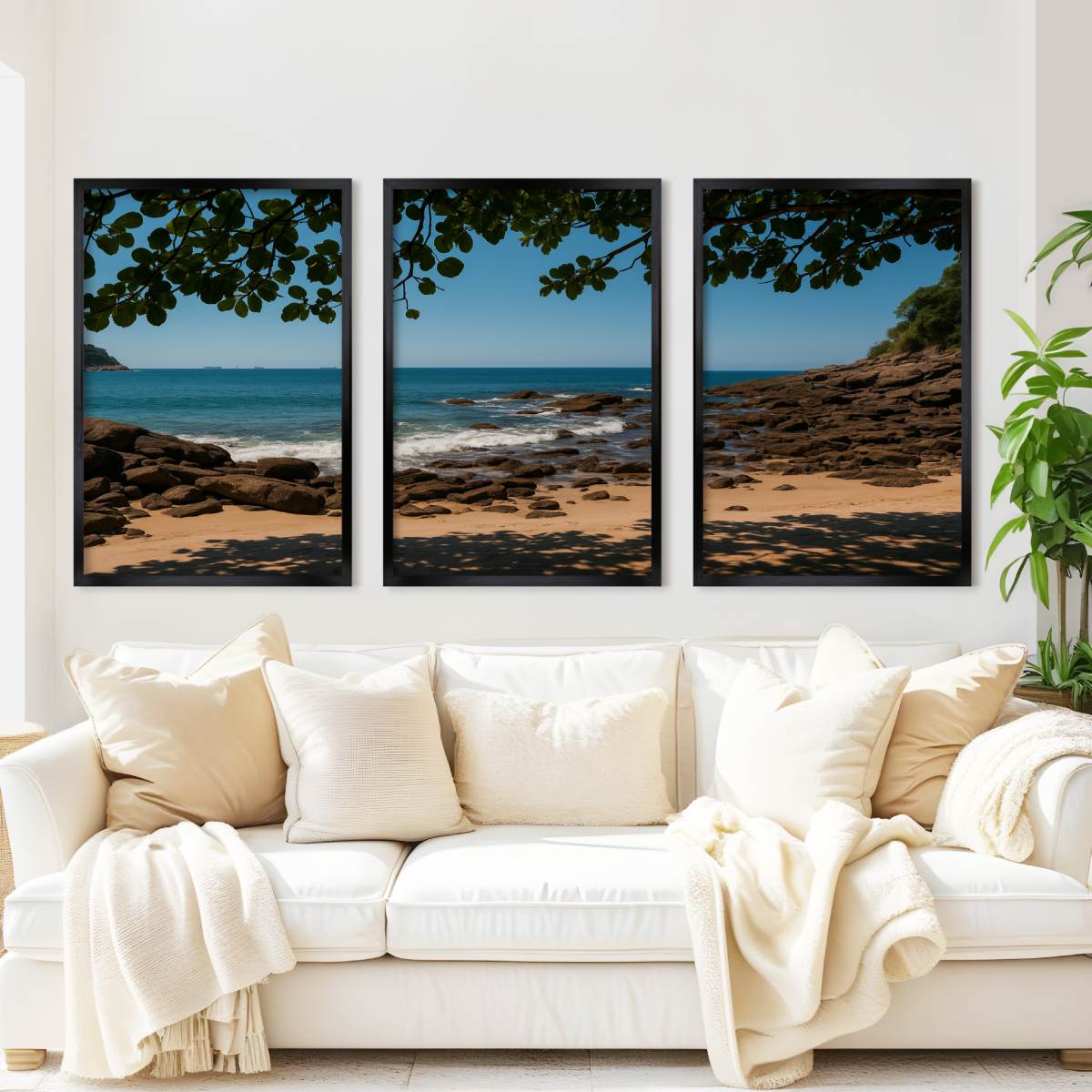 Rocky Beach Midday Shade Triptych – Tranquil Coastal Wall Art