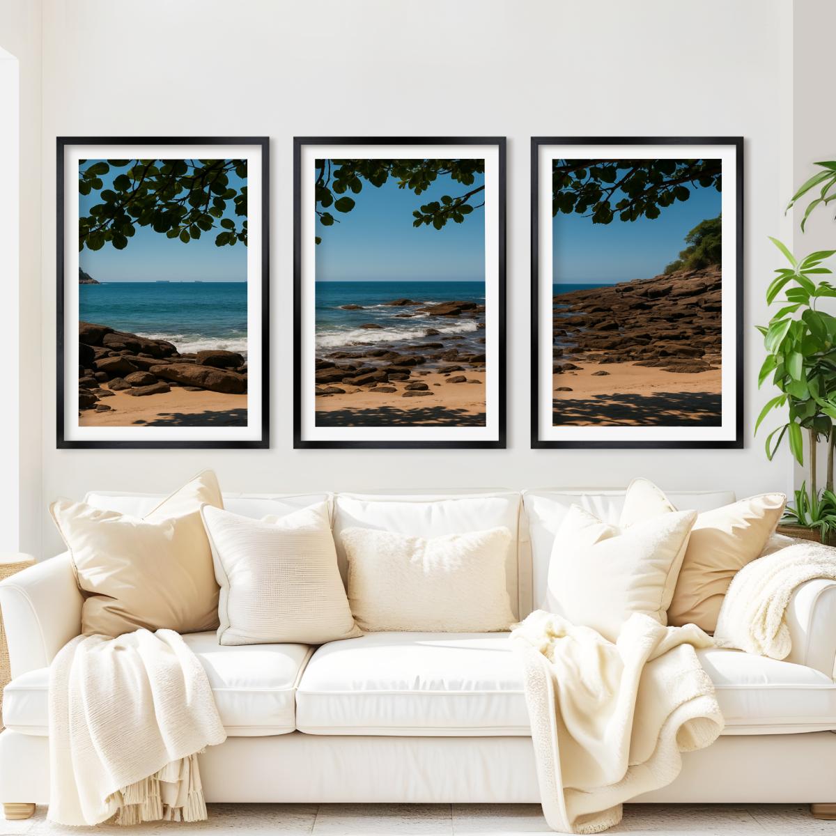 Rocky Beach Midday Shade Triptych – Tranquil Coastal Wall Art