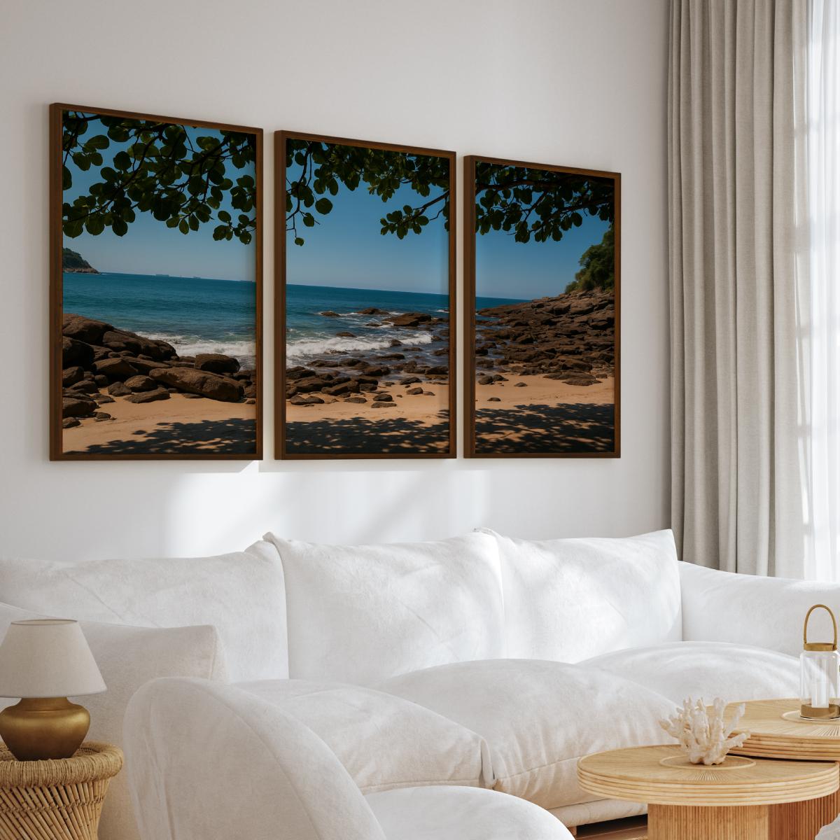 Rocky Beach Midday Shade Triptych – Tranquil Coastal Wall Art