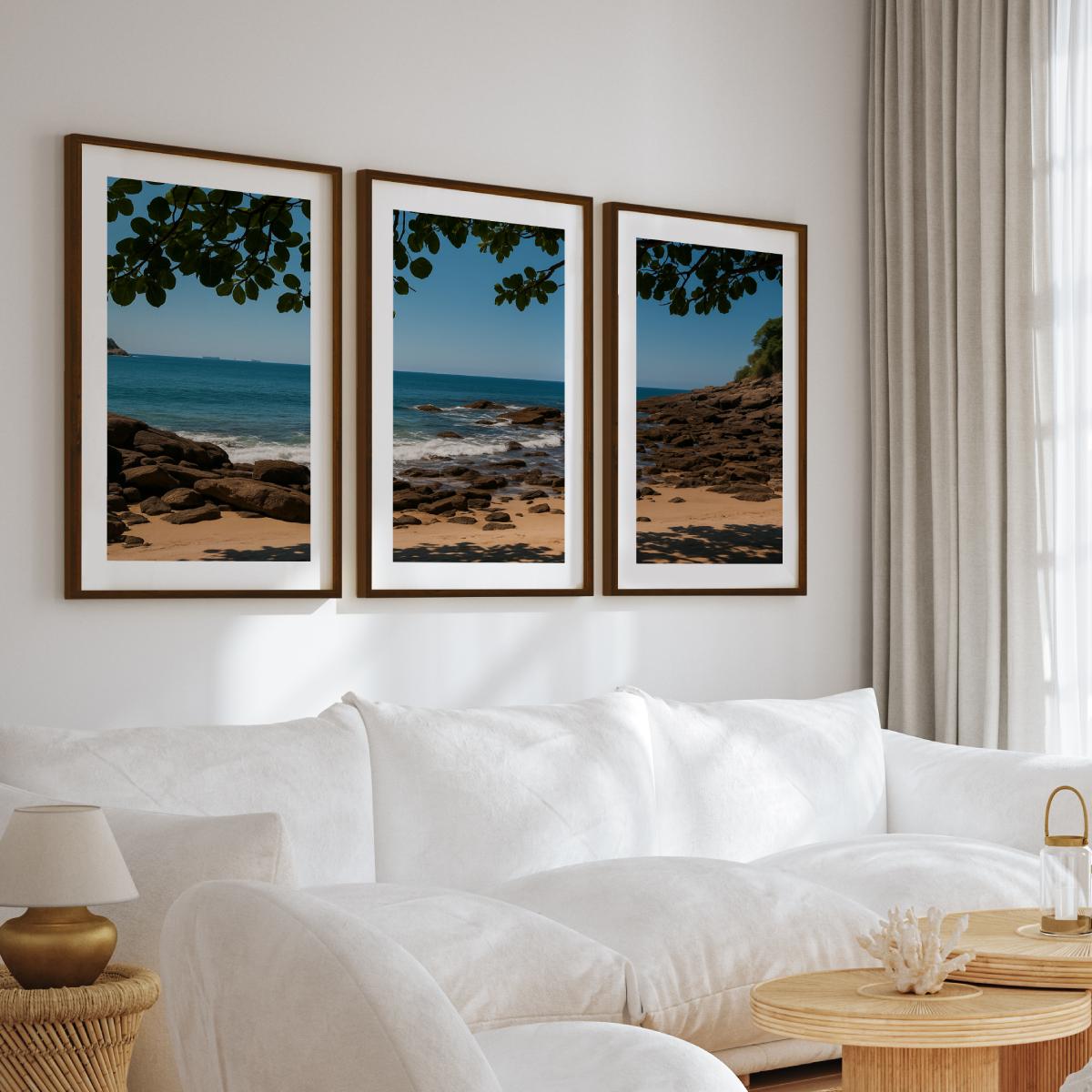 Rocky Beach Midday Shade Triptych – Tranquil Coastal Wall Art