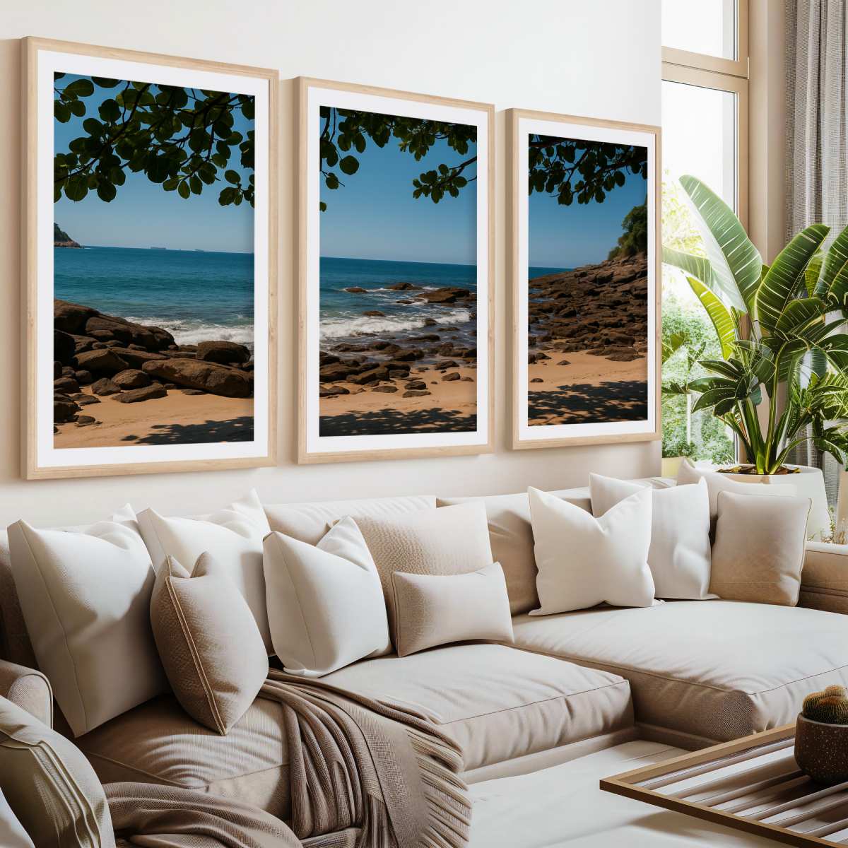 Rocky Beach Midday Shade Triptych – Tranquil Coastal Wall Art