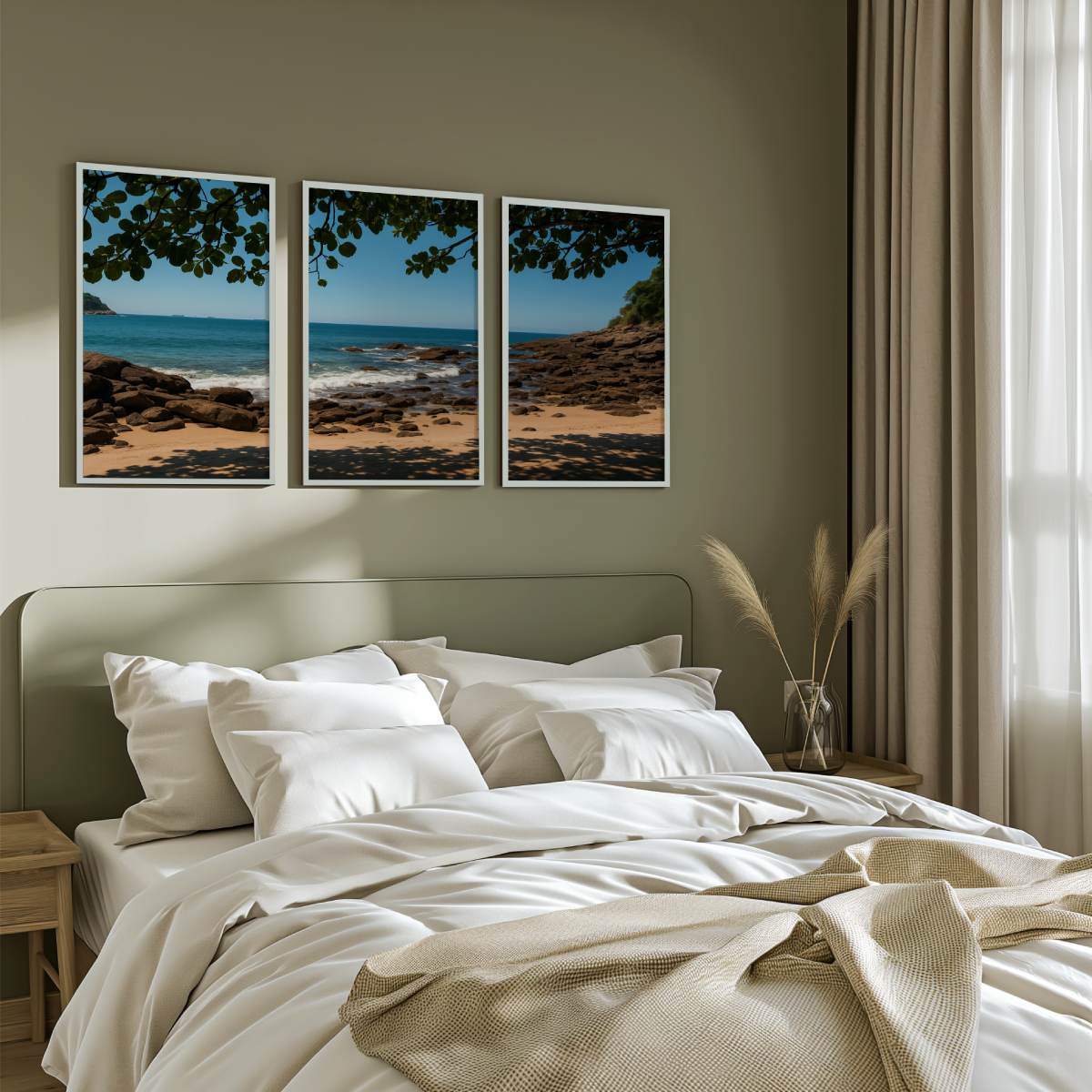 Rocky Beach Midday Shade Triptych – Tranquil Coastal Wall Art