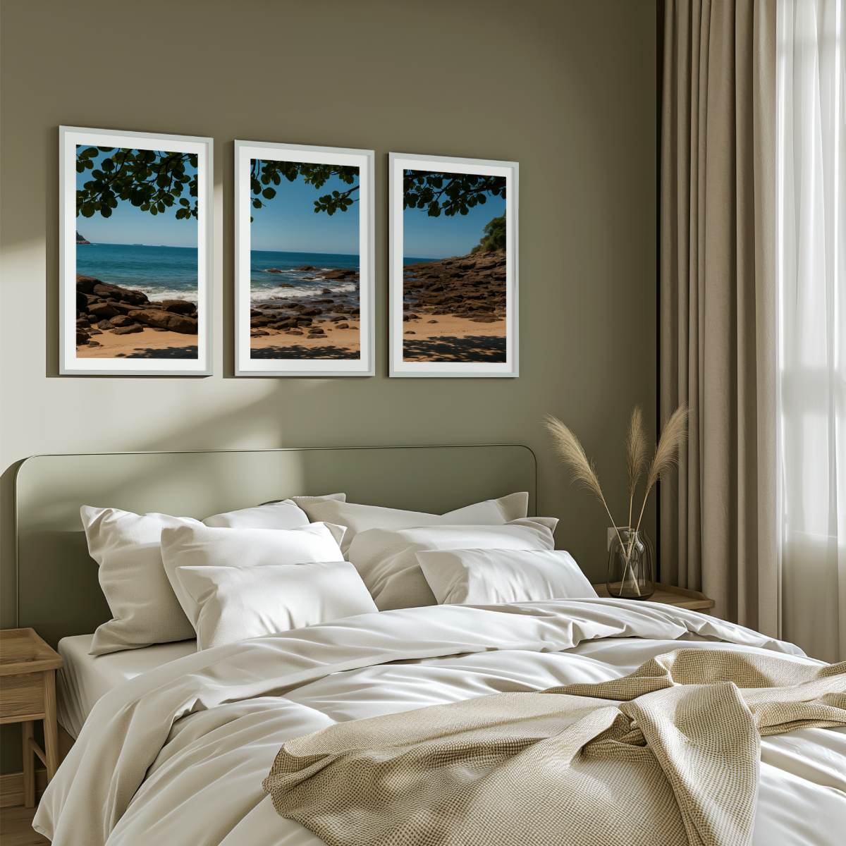 Rocky Beach Midday Shade Triptych – Tranquil Coastal Wall Art