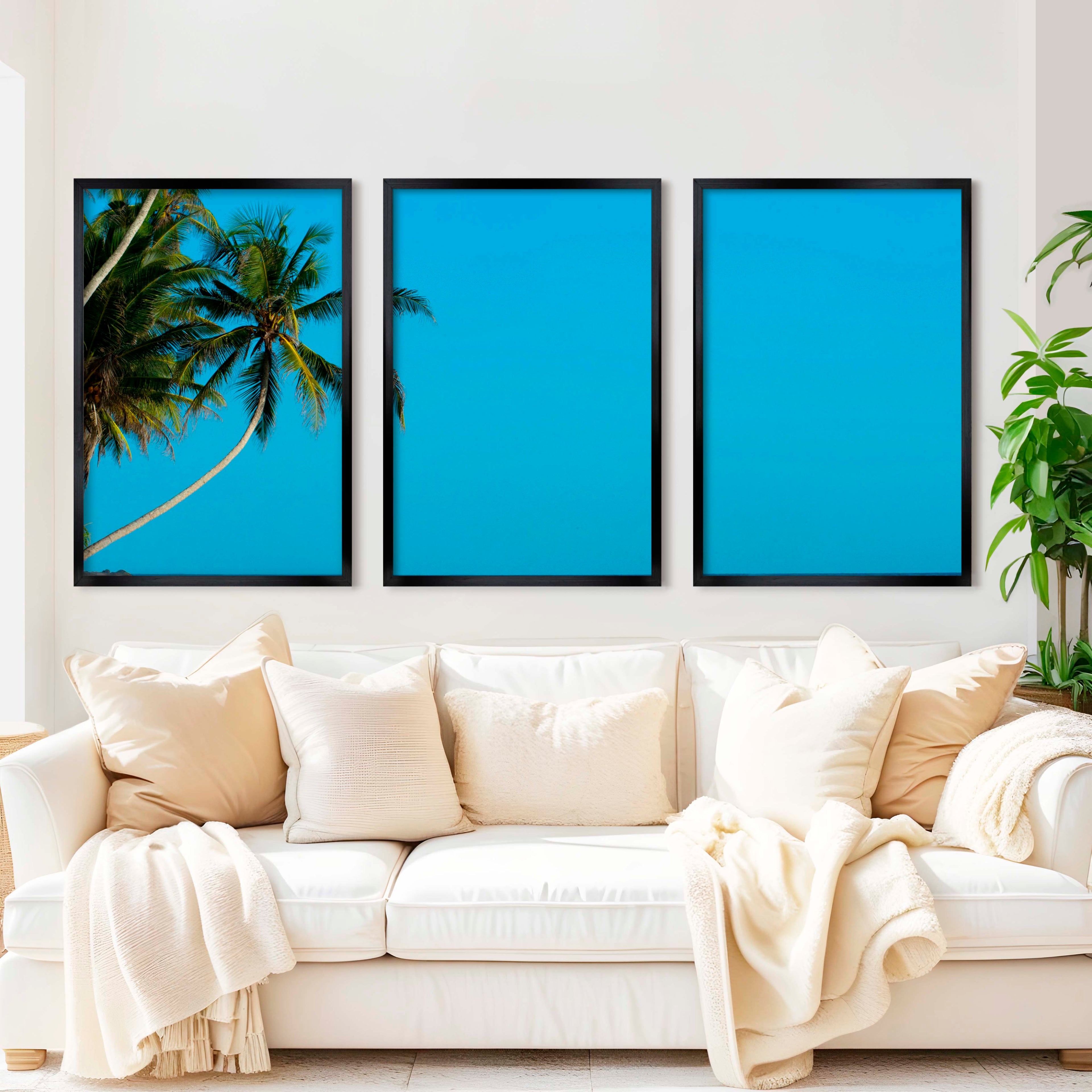 Set of 3 Wall Art – Tropical Palm Trees and Calm Blue Sea