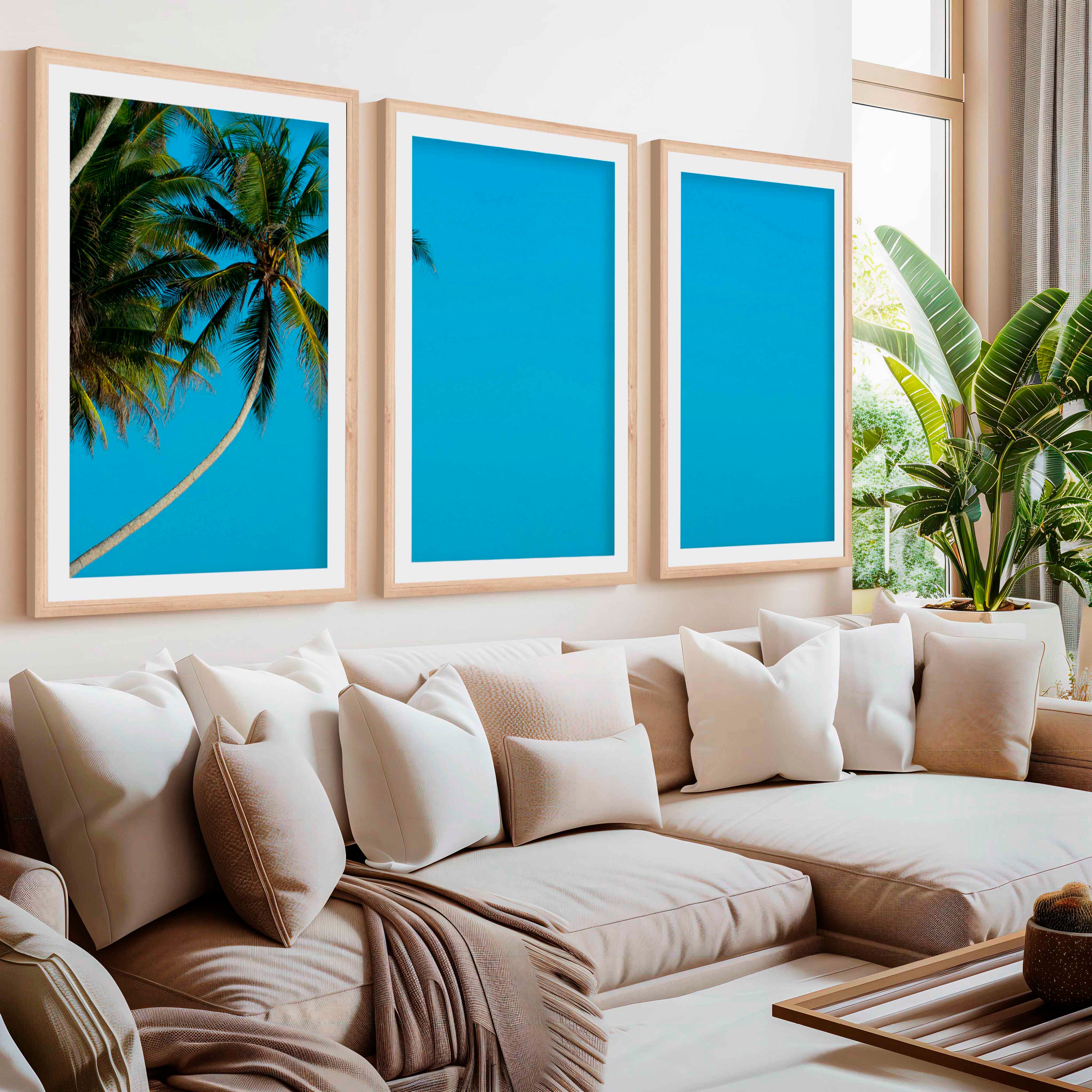 Set of 3 Wall Art – Tropical Palm Trees and Calm Blue Sea