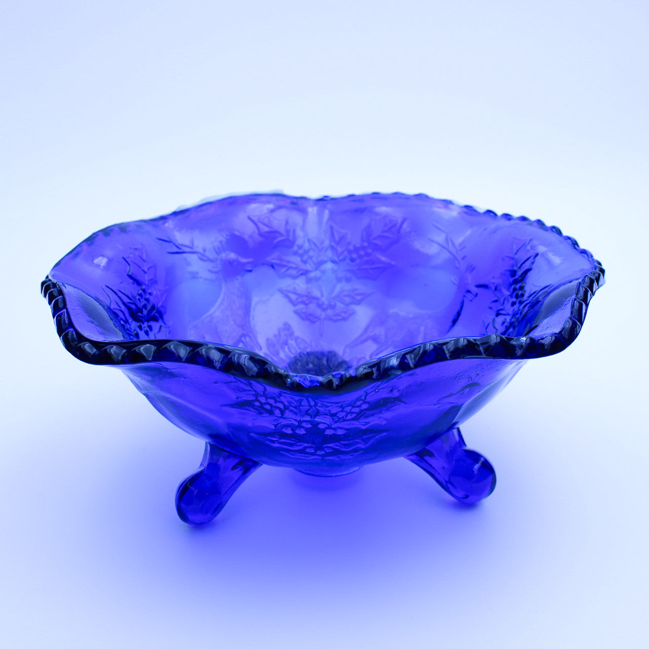 Fenton Cobalt Blue Stag & Holly Three‑Footed Glass Bowl