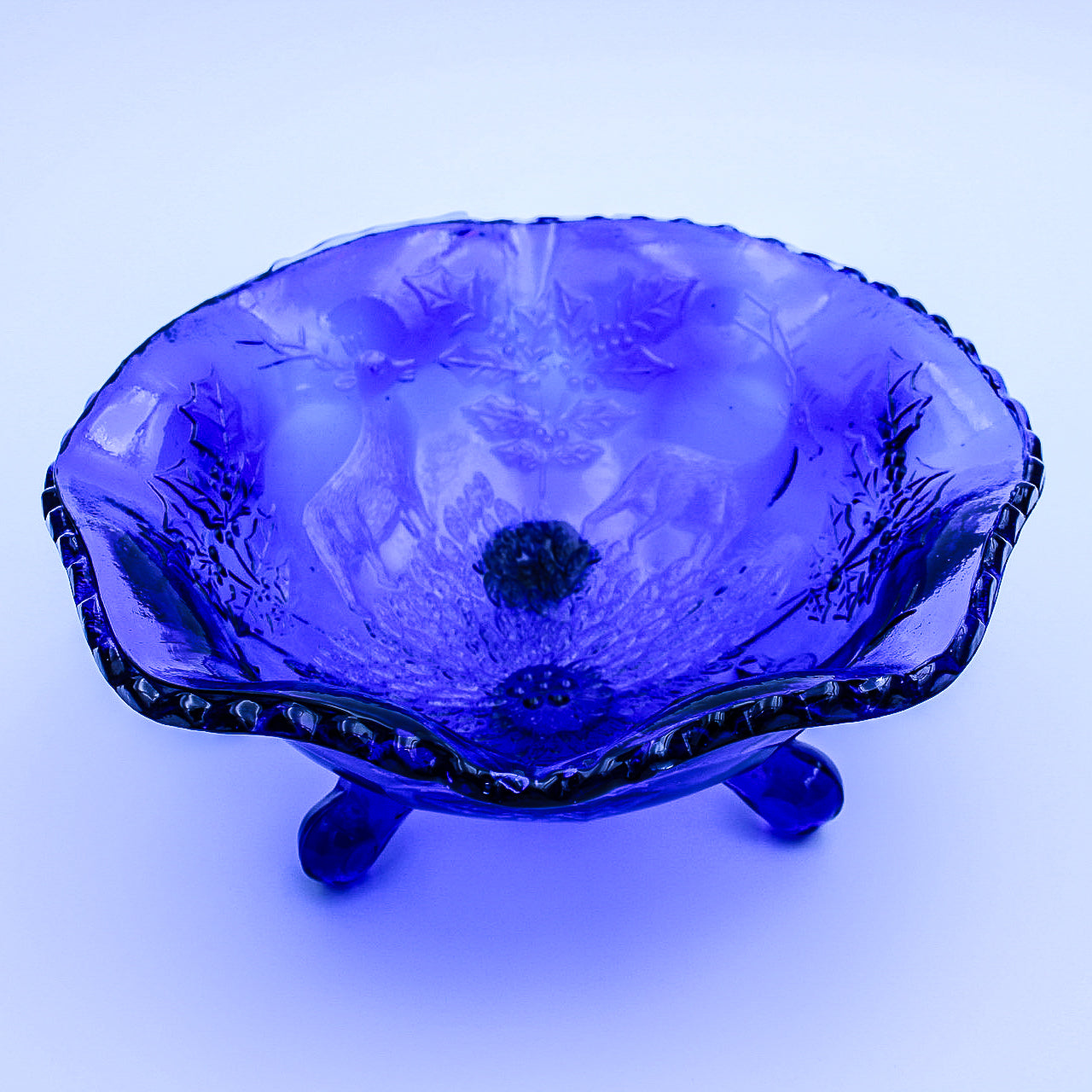 Fenton Cobalt Blue Stag & Holly Three‑Footed Glass Bowl