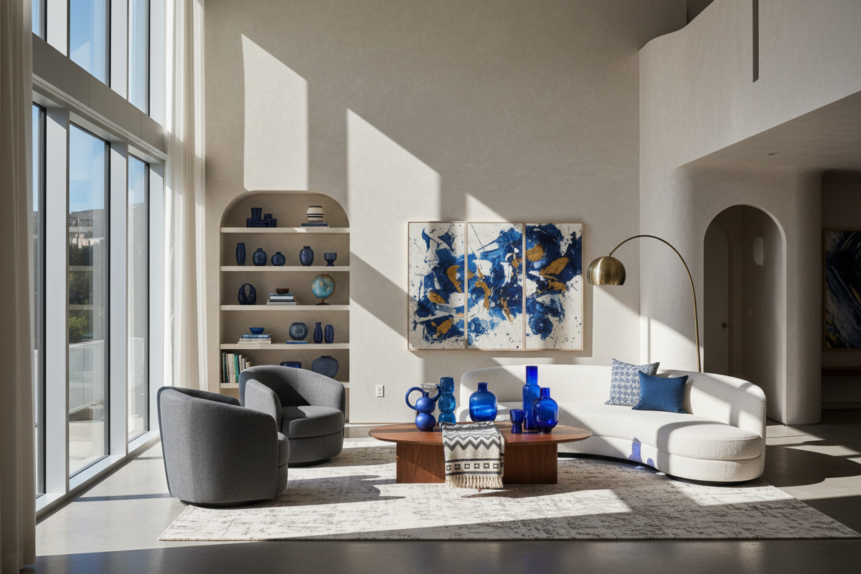 Striking contemporary living space with strong natural light and deep, moody shadows. Clean modern architecture mixed with subtle retro curves and sculptural silhouettes. Patina blue and cobalt blue accents in bold vintage décor—glass vessels, ceramic forms, and textured objects layered on warm wood surfaces. Soft neutrals, rich textures, and a lived‑in editorial feel. High‑contrast, art‑driven composition with a collected, modern‑retro mood.